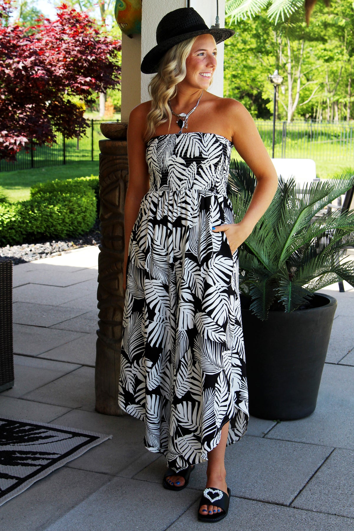 Tropical Print Strapless Jumpsuit w/ Side Pockets & Rounded Hems