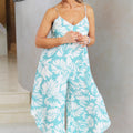 Tropical Print Jumpsuit w/ Back Tie and Slanted Hems