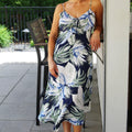 Tropical Print Ruched Midi Dress w/ Pockets & Round Hem