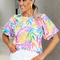 Multicolor Tropical Print Puff Sleeve Top