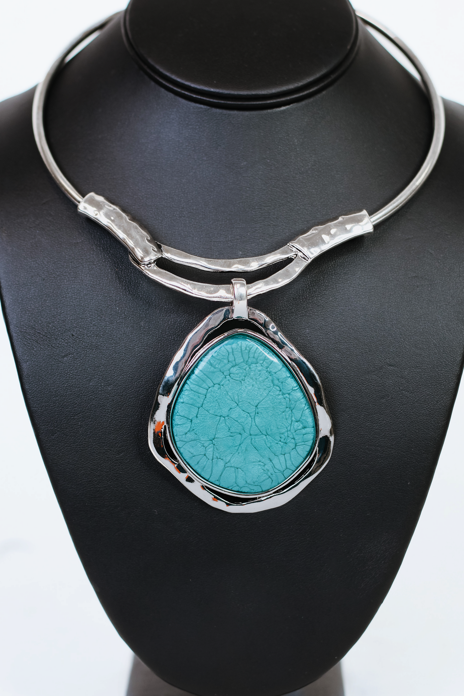 Metal Collar Necklace w/ Large Metal Trimmed Stone Pendant