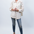 Distressed Button Down Shacket w/ Pearl & Rhinestone Mesh Embellishments