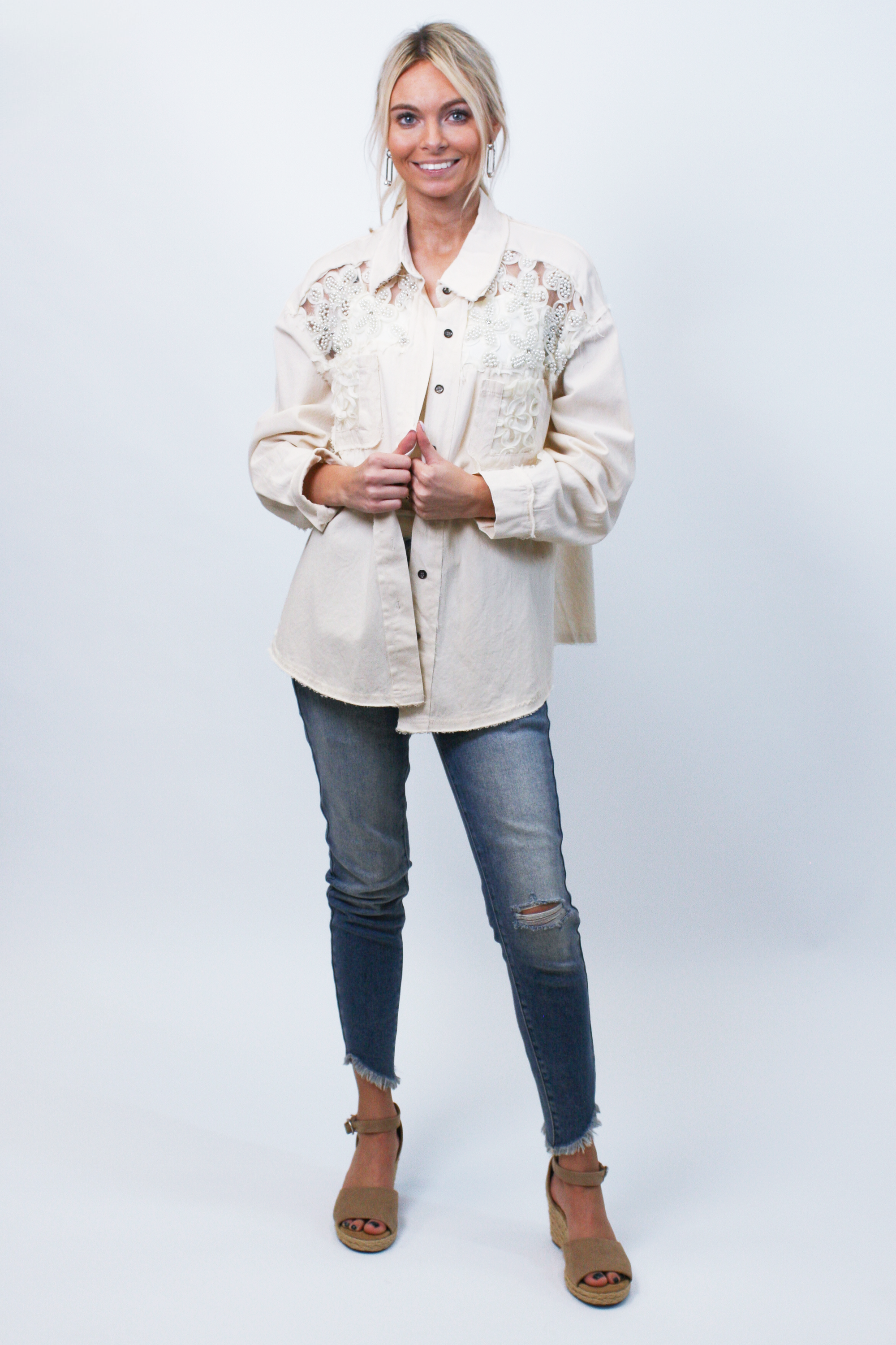 Distressed Button Down Shacket w/ Pearl & Rhinestone Mesh Embellishments