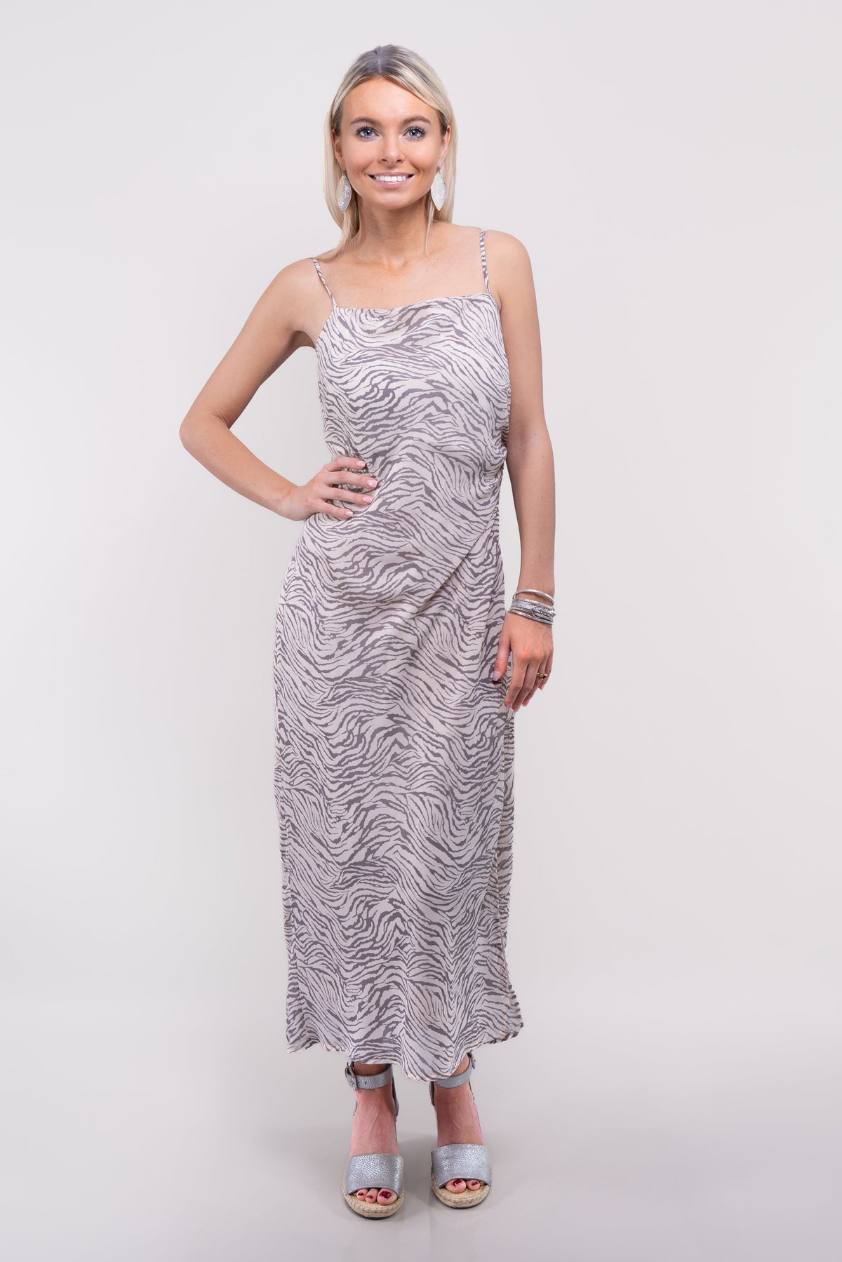 Zebra Print Spaghetti Strap Dress w/ Side Ruching &amp; Slit(SALE)