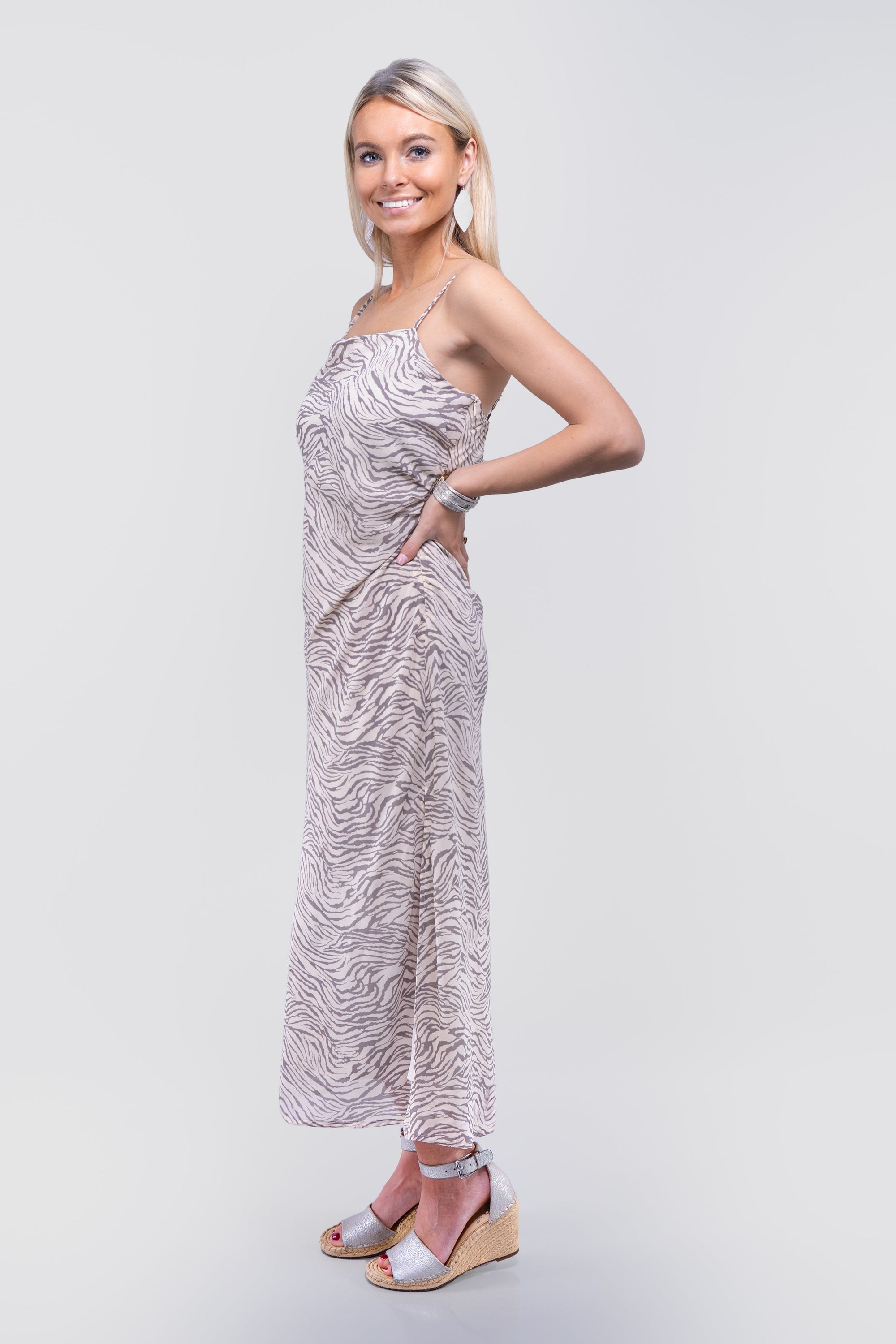 Zebra Print Spaghetti Strap Dress w/ Side Ruching & Slit(SALE)