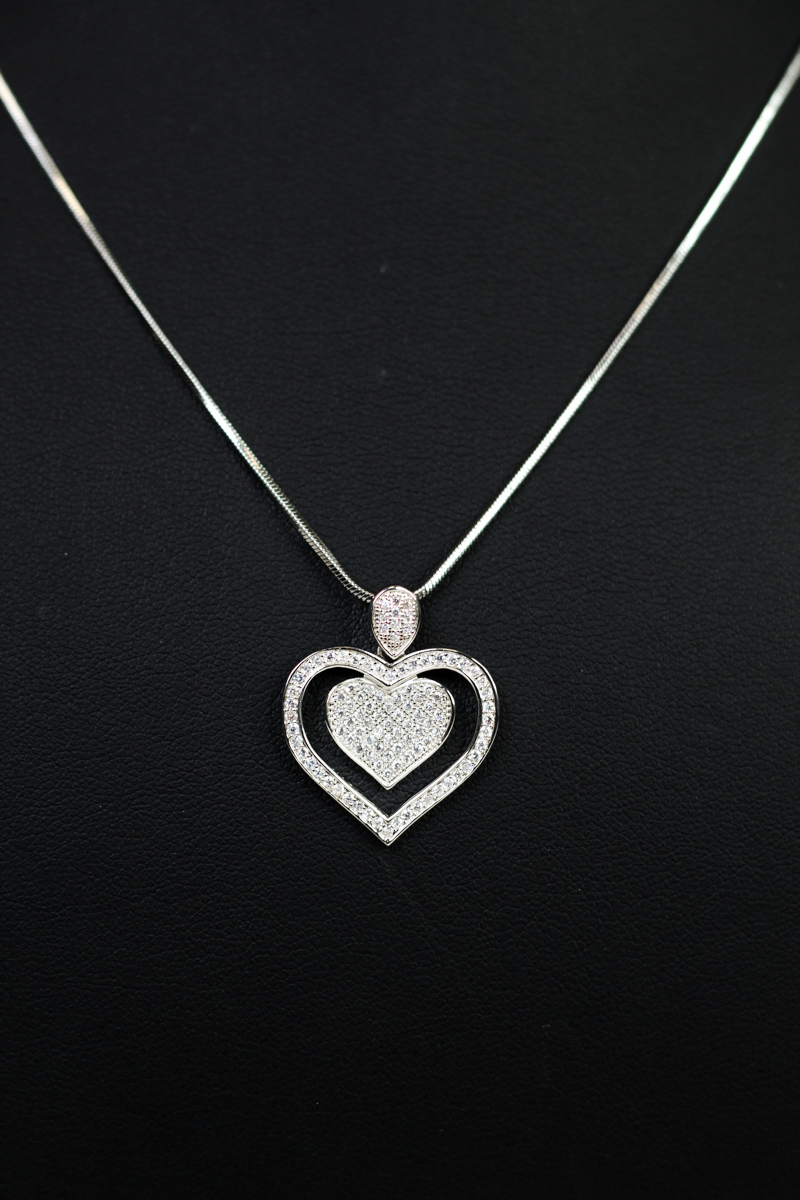Pave Rhinestone Heart Within An Open Pave Heart Necklace