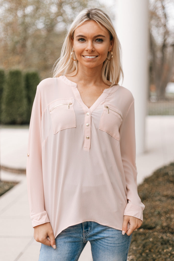 Zipper Detail Rolled Sleeve Henley Top (SALE)