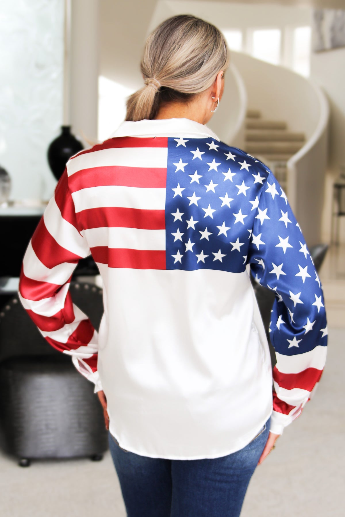 USA Flag Button Down Satin Shirt