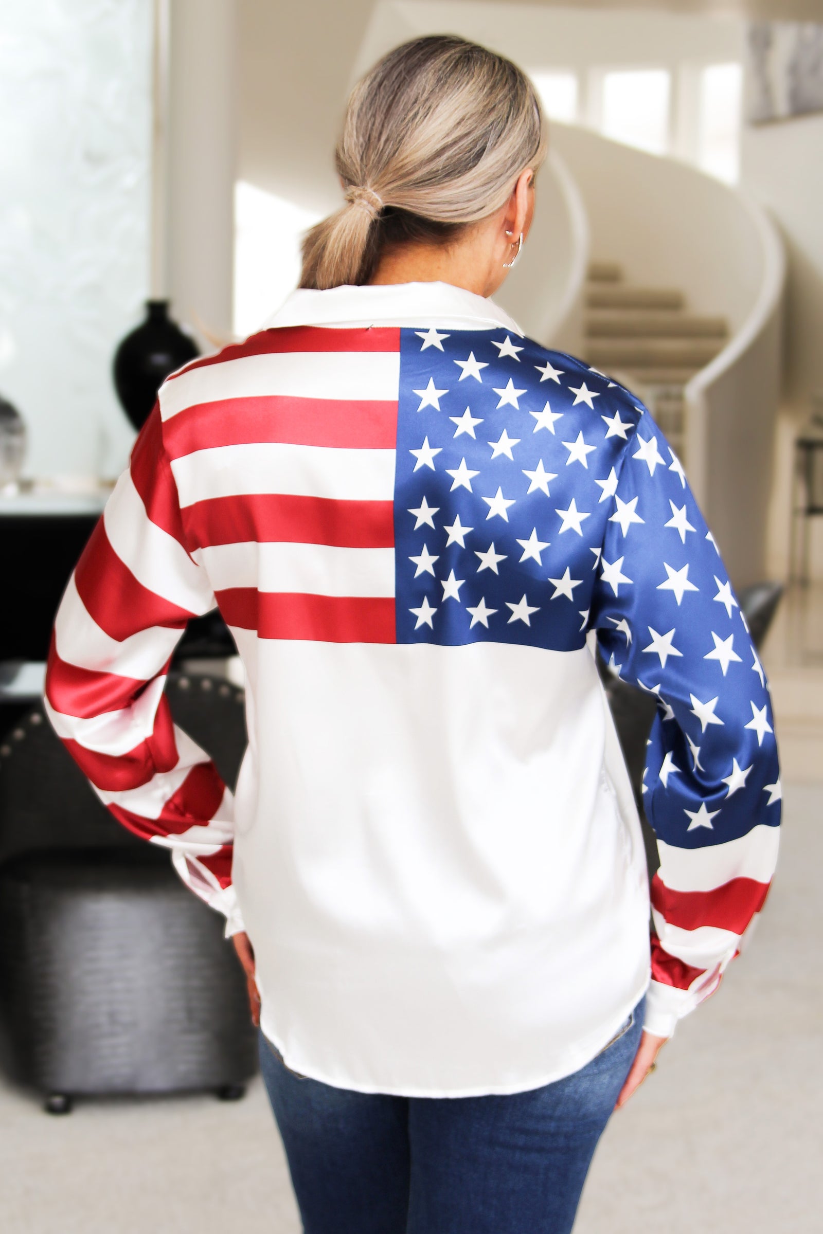 USA Flag Button Down Satin Shirt