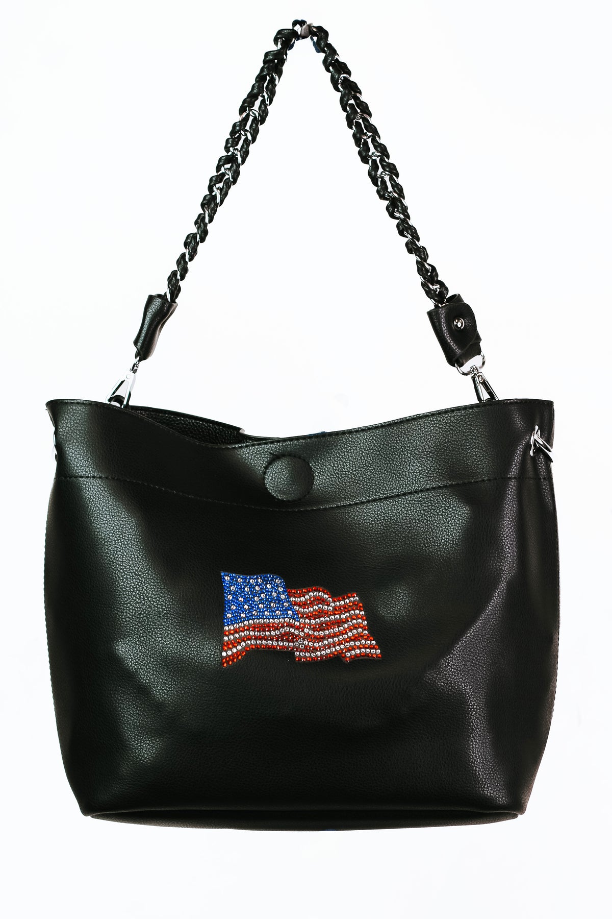 Chain Strap Handbag w/ Rhinestone USA Flag Emblem