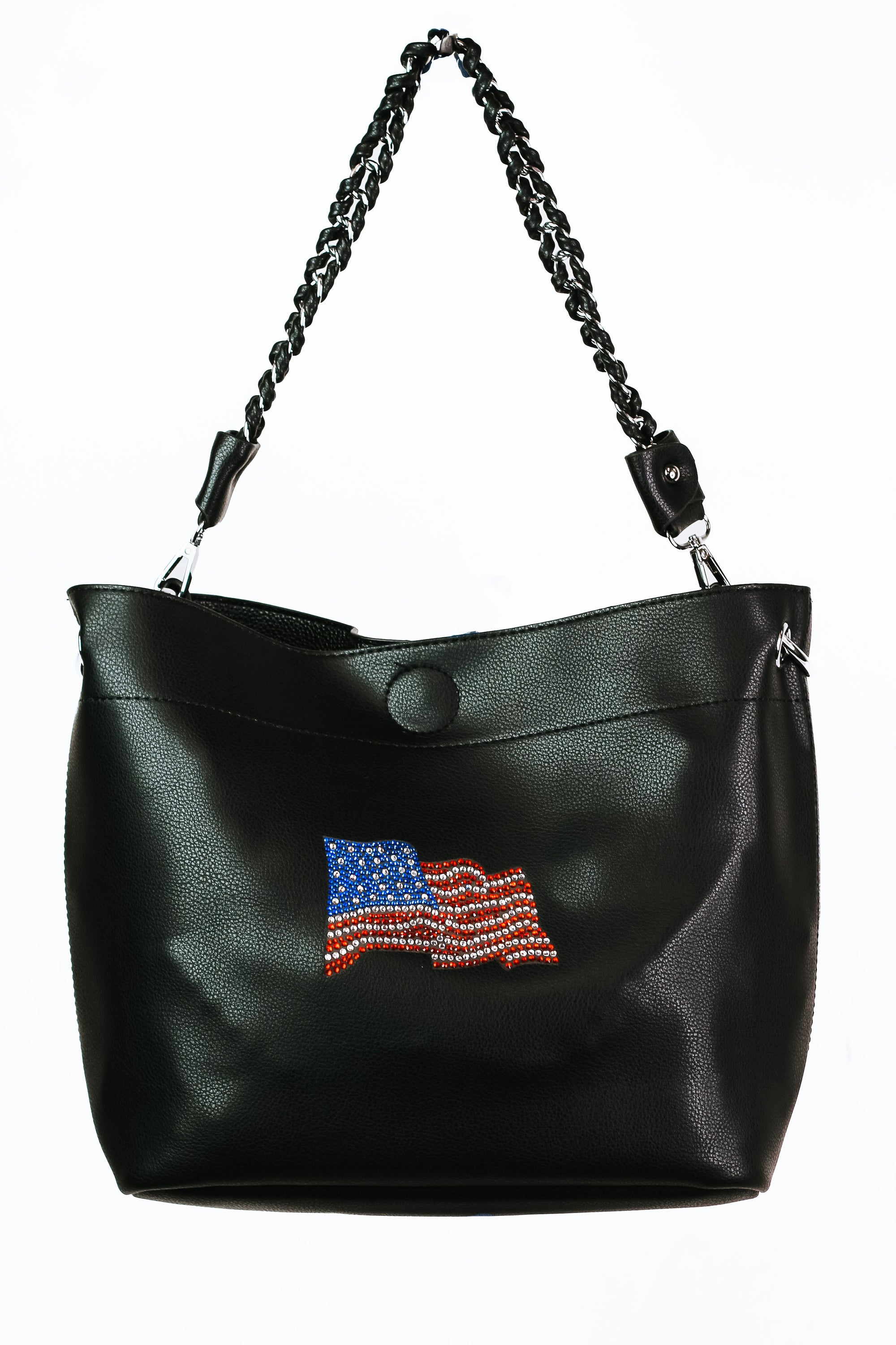 Chain Strap Handbag w/ Rhinestone USA Flag Emblem