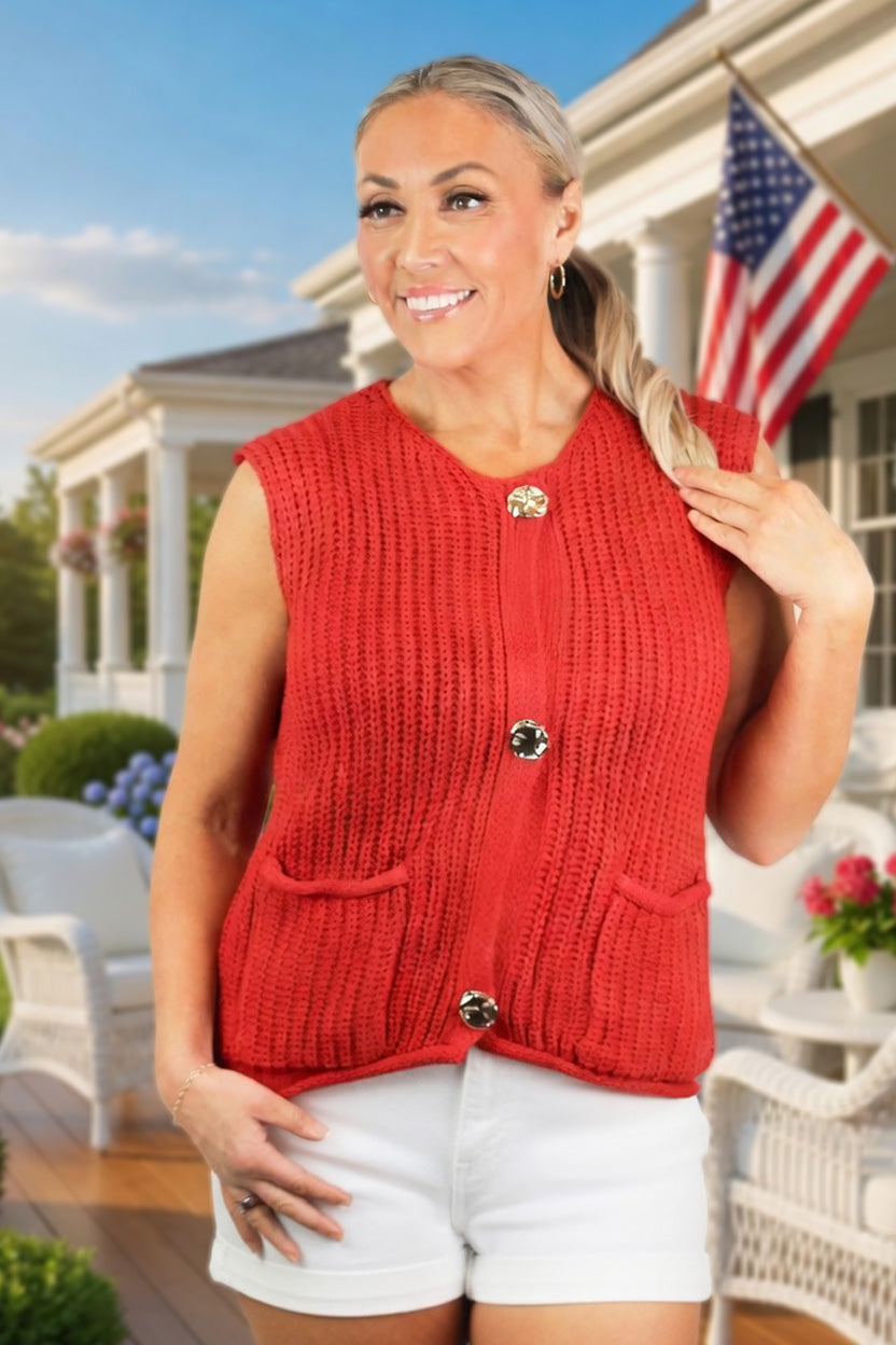 Chunky Knit Button Down Sweater Vest w/ Front Pockets