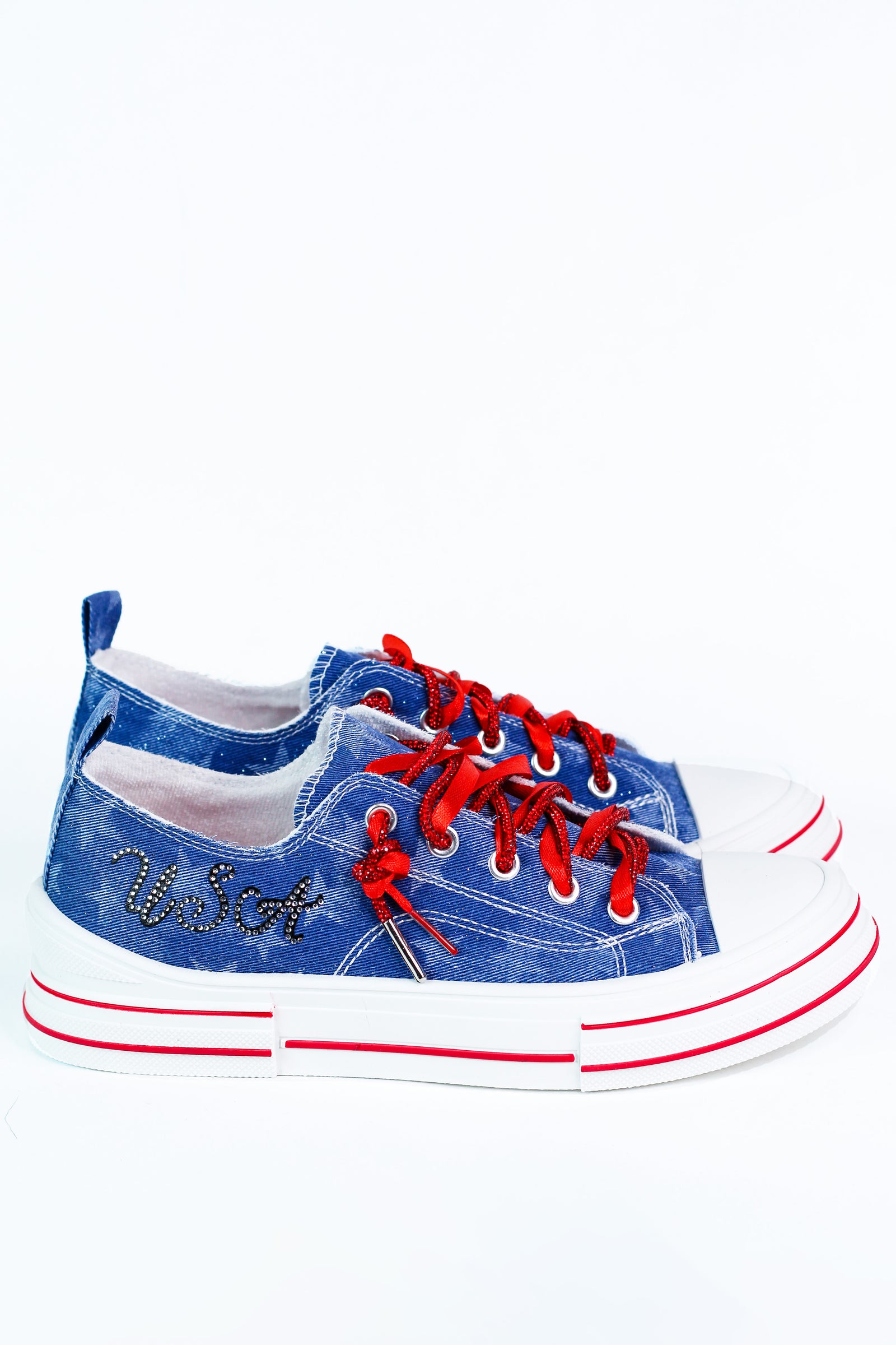 USA Stars Denim Sneakers w/ Rhinestone & Ribbon Laces