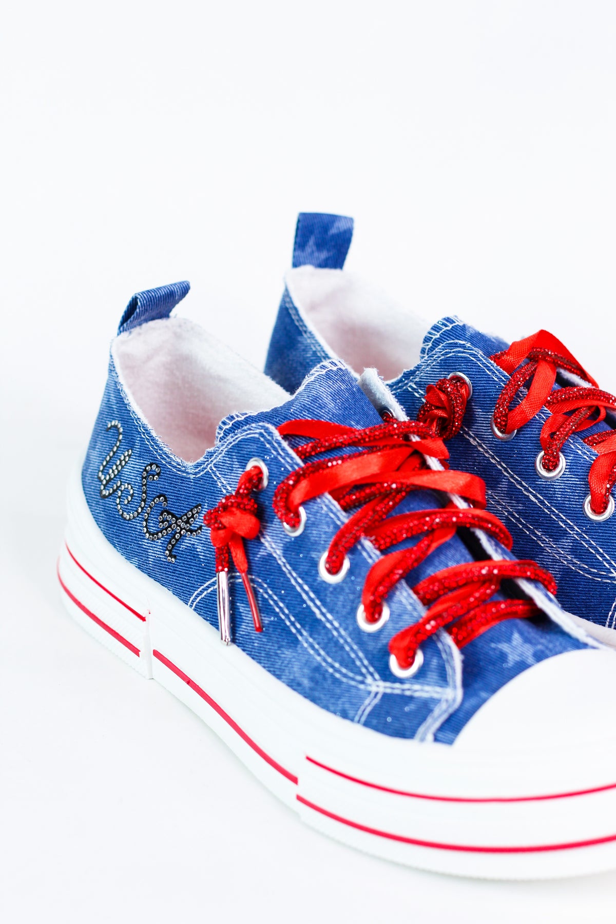 USA Stars Denim Sneakers w/ Rhinestone & Ribbon Laces