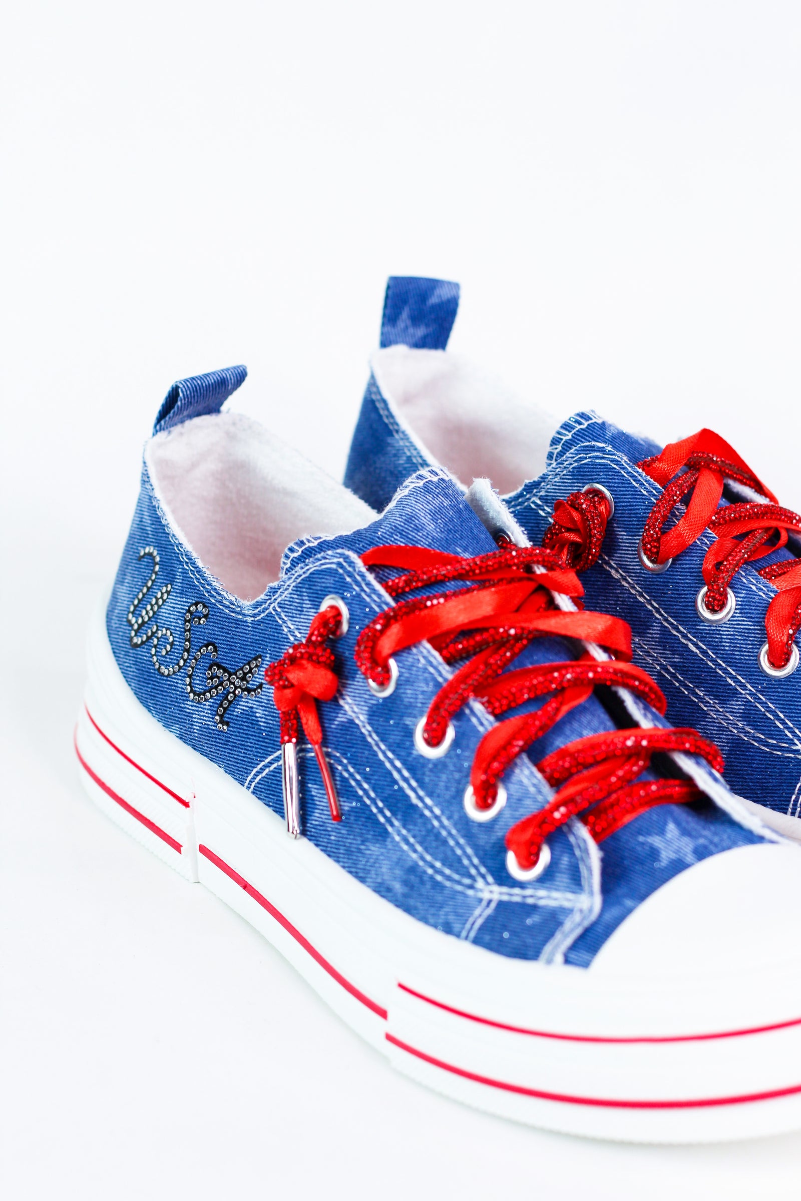 USA Stars Denim Sneakers w/ Rhinestone & Ribbon Laces