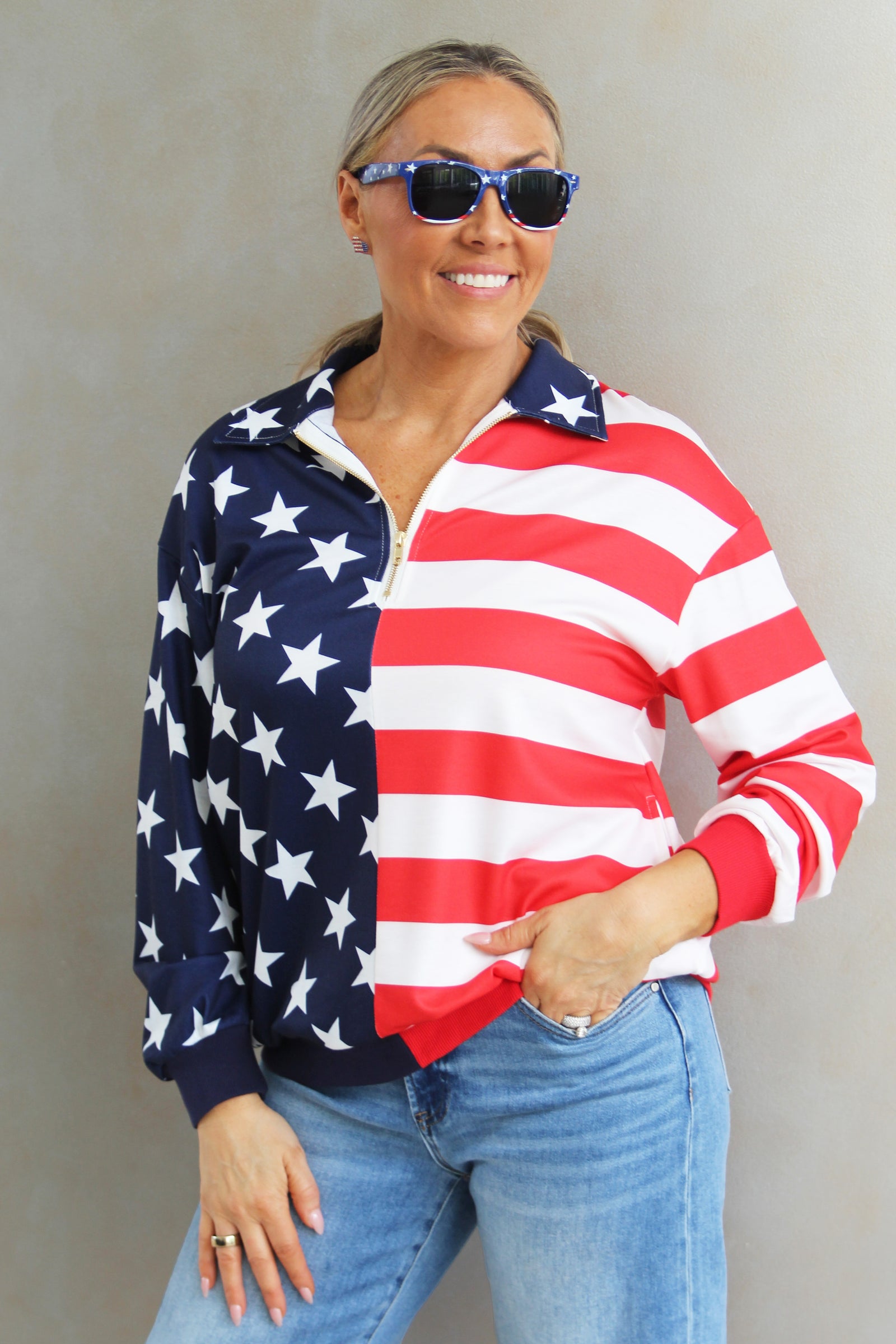 USA Flag Quarter Zip Oversized French Terry Sweatshirt
