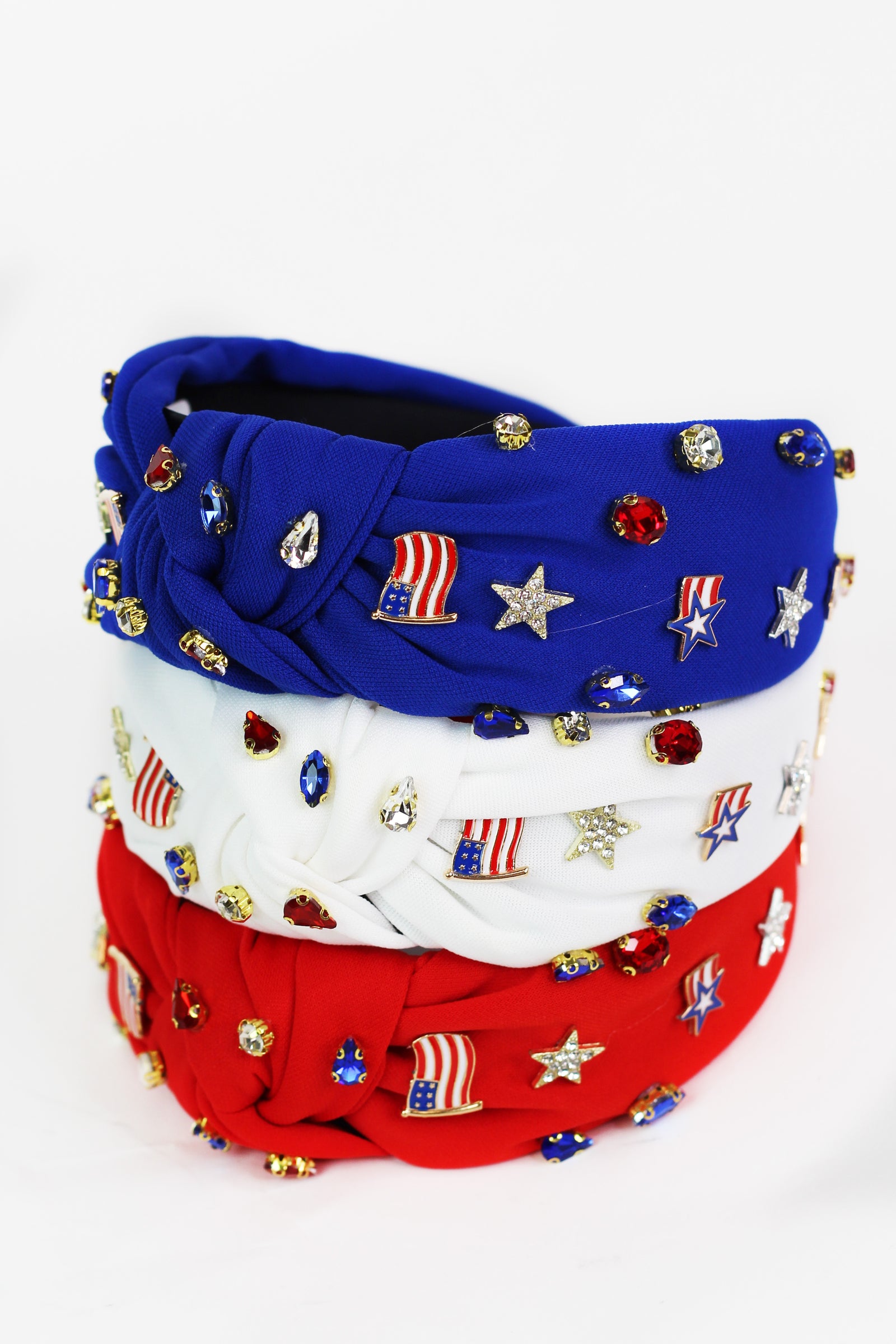 Knotted Headband w/ US Flag Stars & Rhinestone Accents