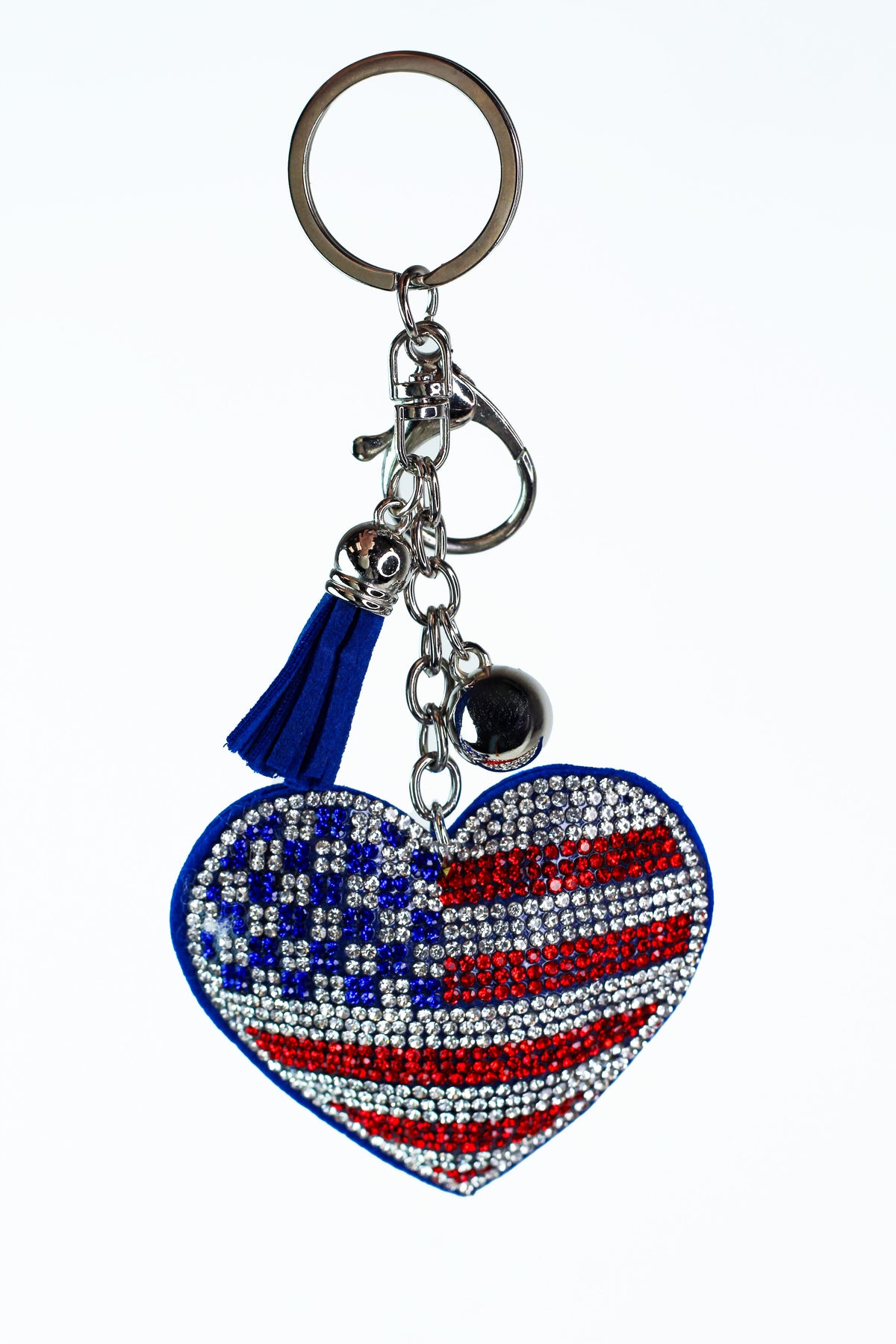 Rhinestone USA Flag Puffy Heart Keychain