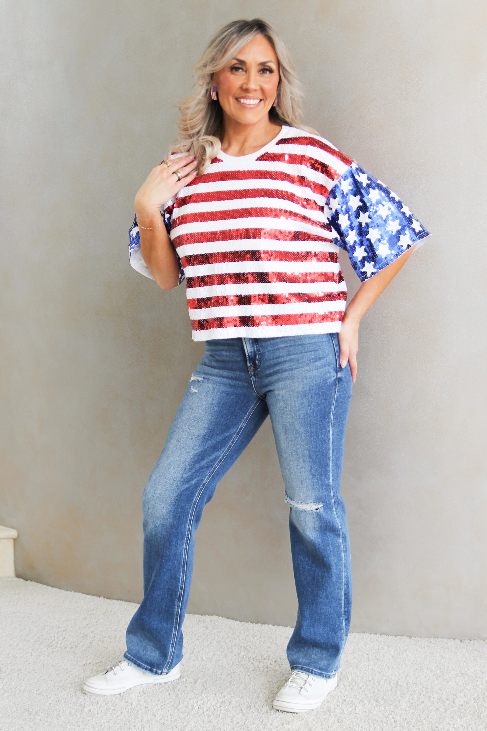 Sequin US Flag Boxy T-Shirt