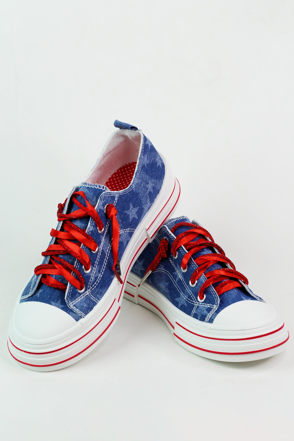 USA Stars Denim Sneakers w/ Rhinestone & Ribbon Laces