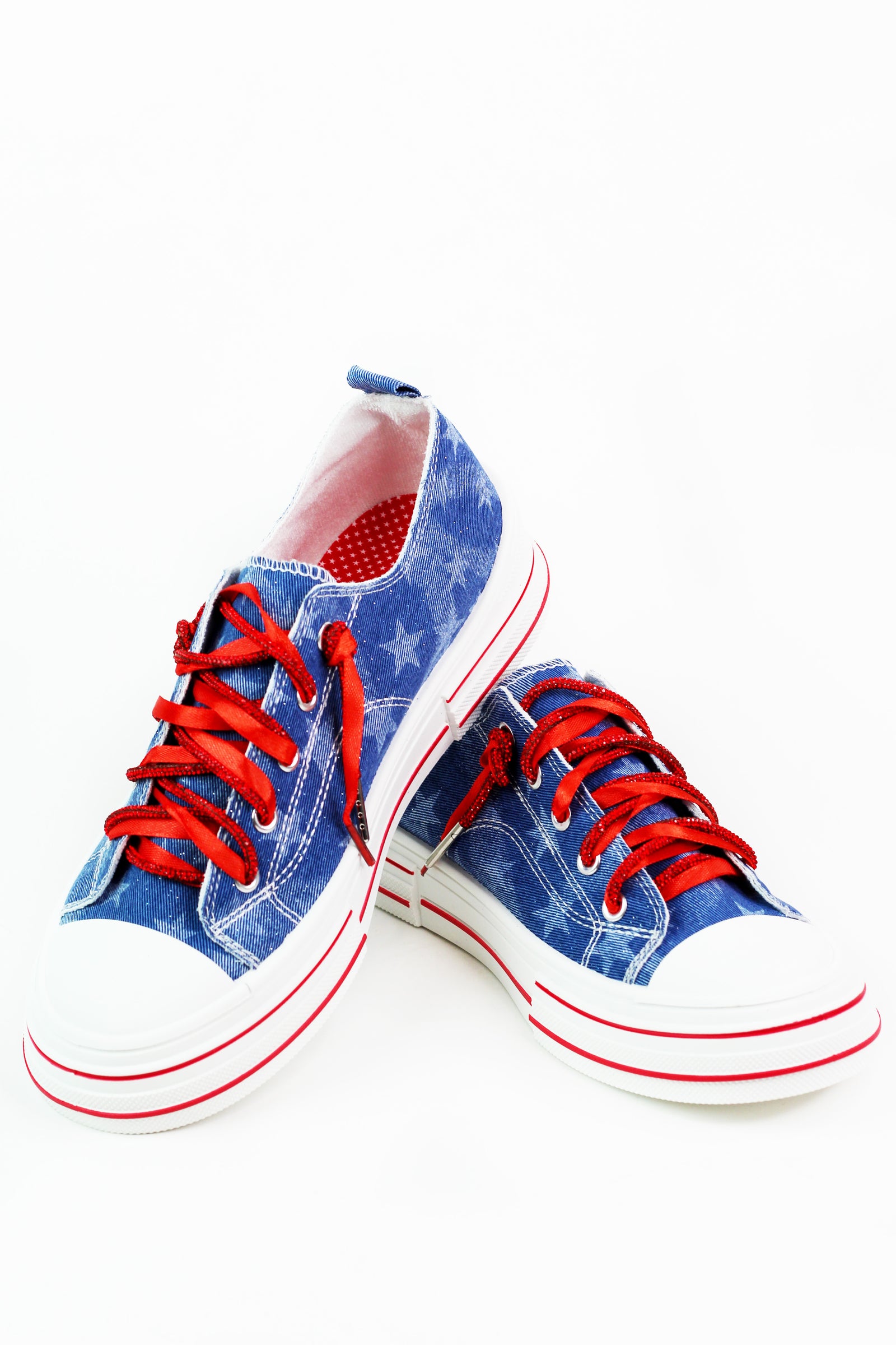 USA Stars Denim Sneakers w/ Rhinestone & Ribbon Laces