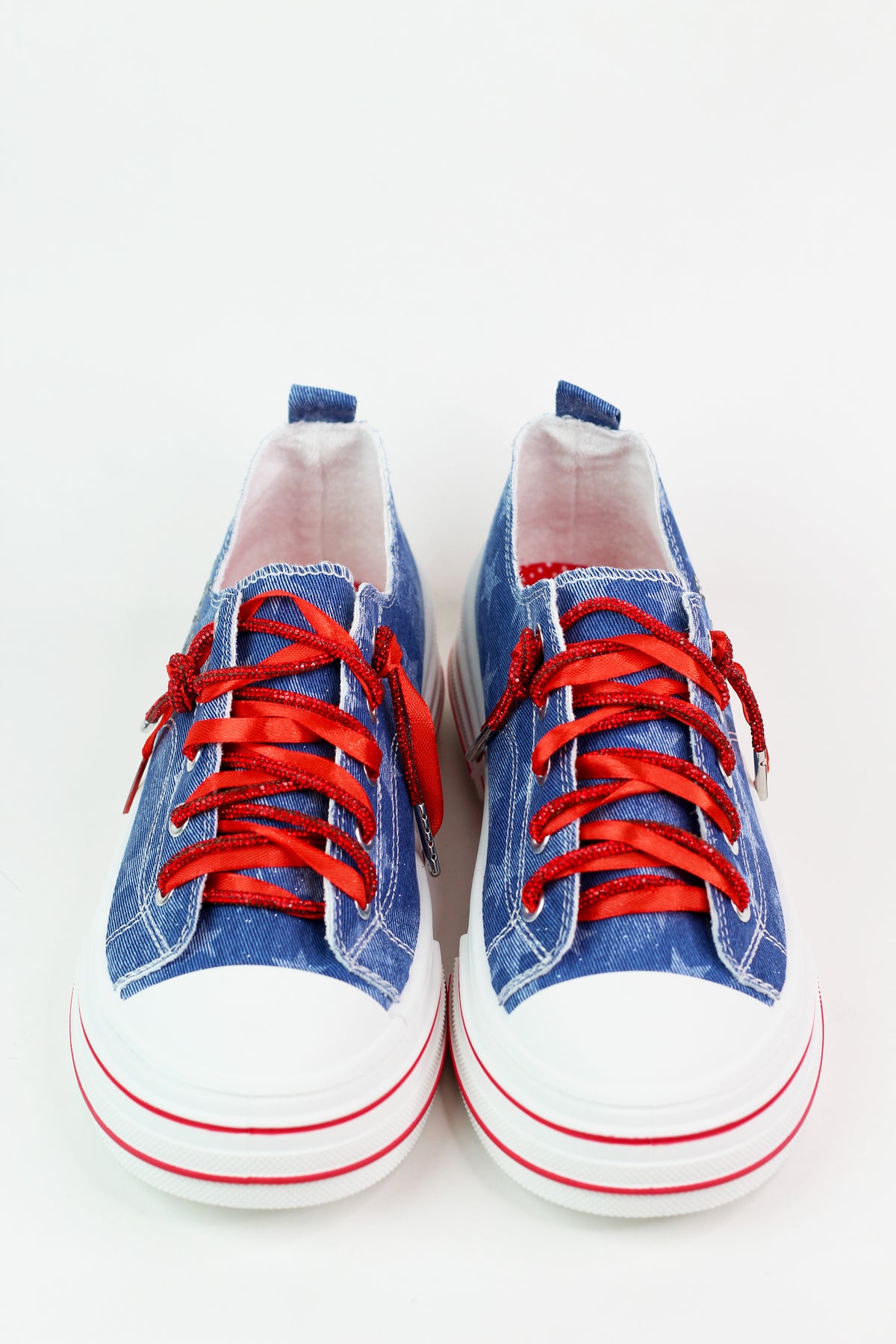 USA Stars Denim Sneakers w/ Rhinestone & Ribbon Laces