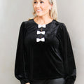 Rhinestone Bow Accent Balloon Sleeve Velvet Blouse