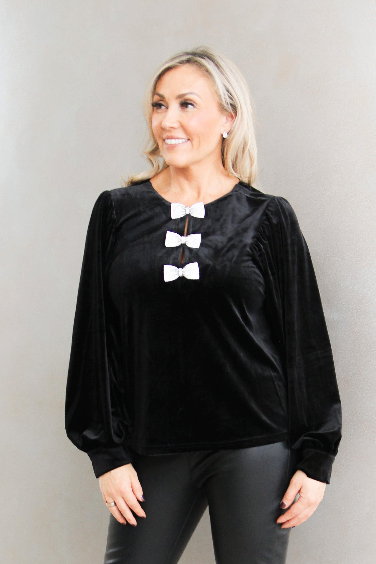 Rhinestone Bow Accent Balloon Sleeve Velvet Blouse