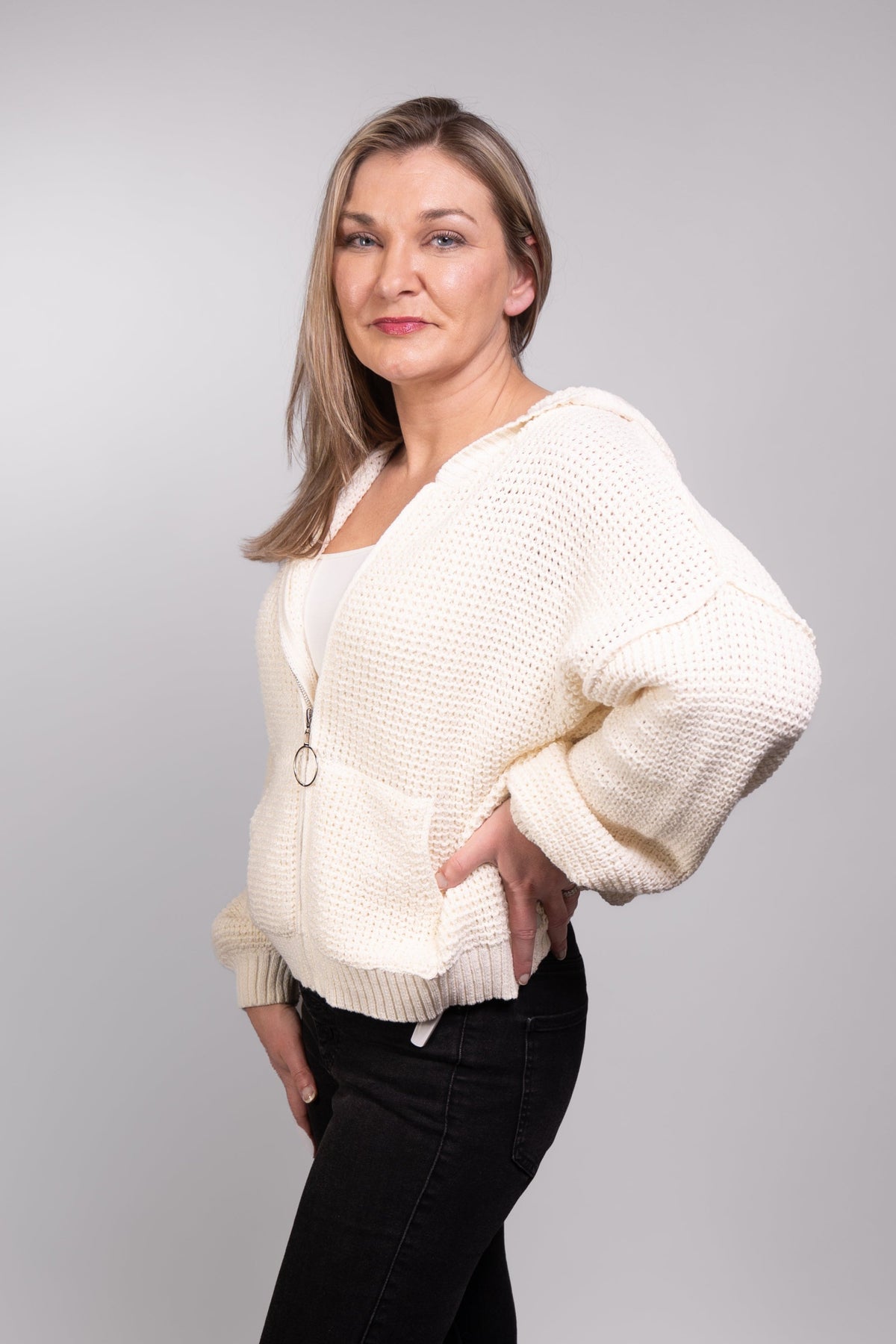 Textured Zipped Hoodie Sweater