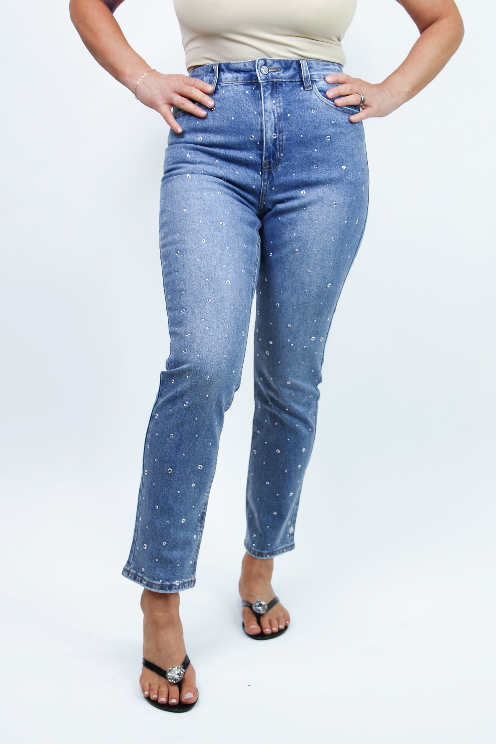 High Rise Skinny Jeans w/ Rivet & Rhinestone Embellishments