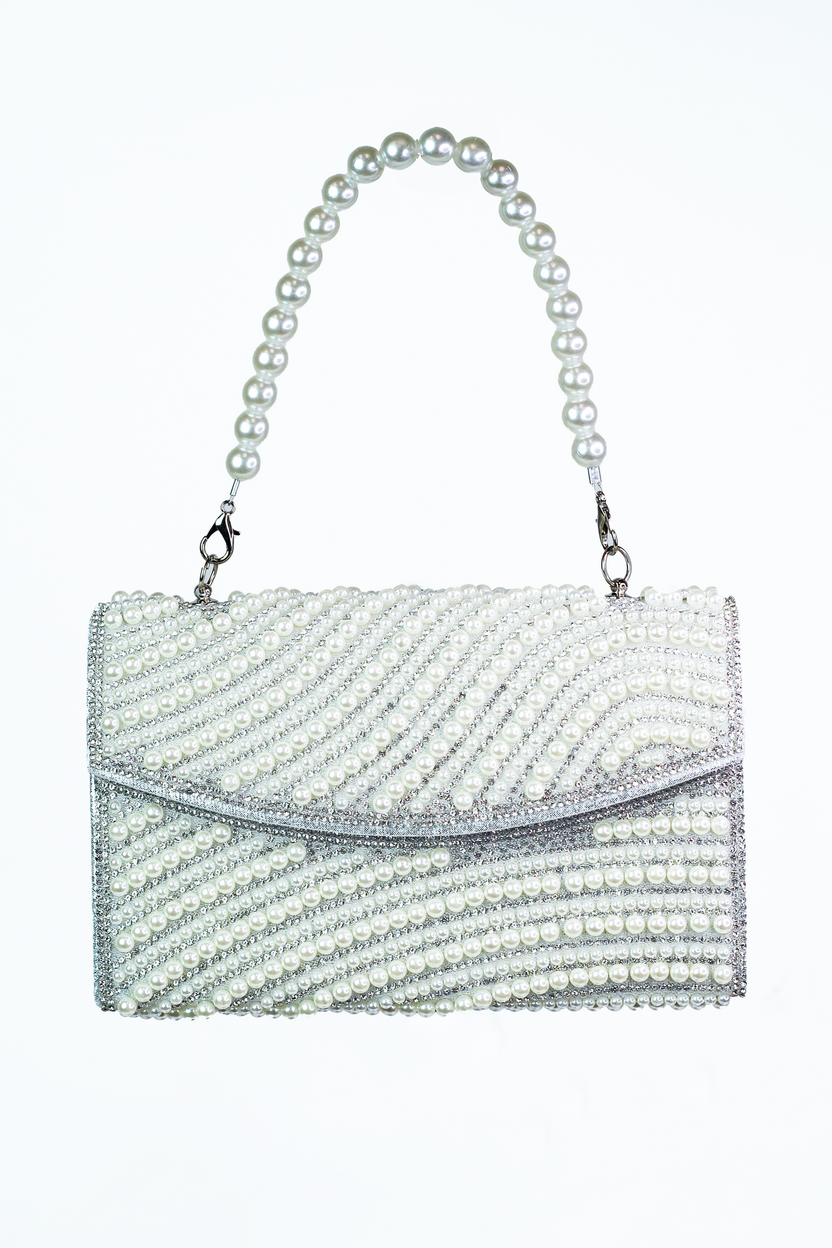 Wavy Design Rhinestone &amp; Pearl Envelope Clutch