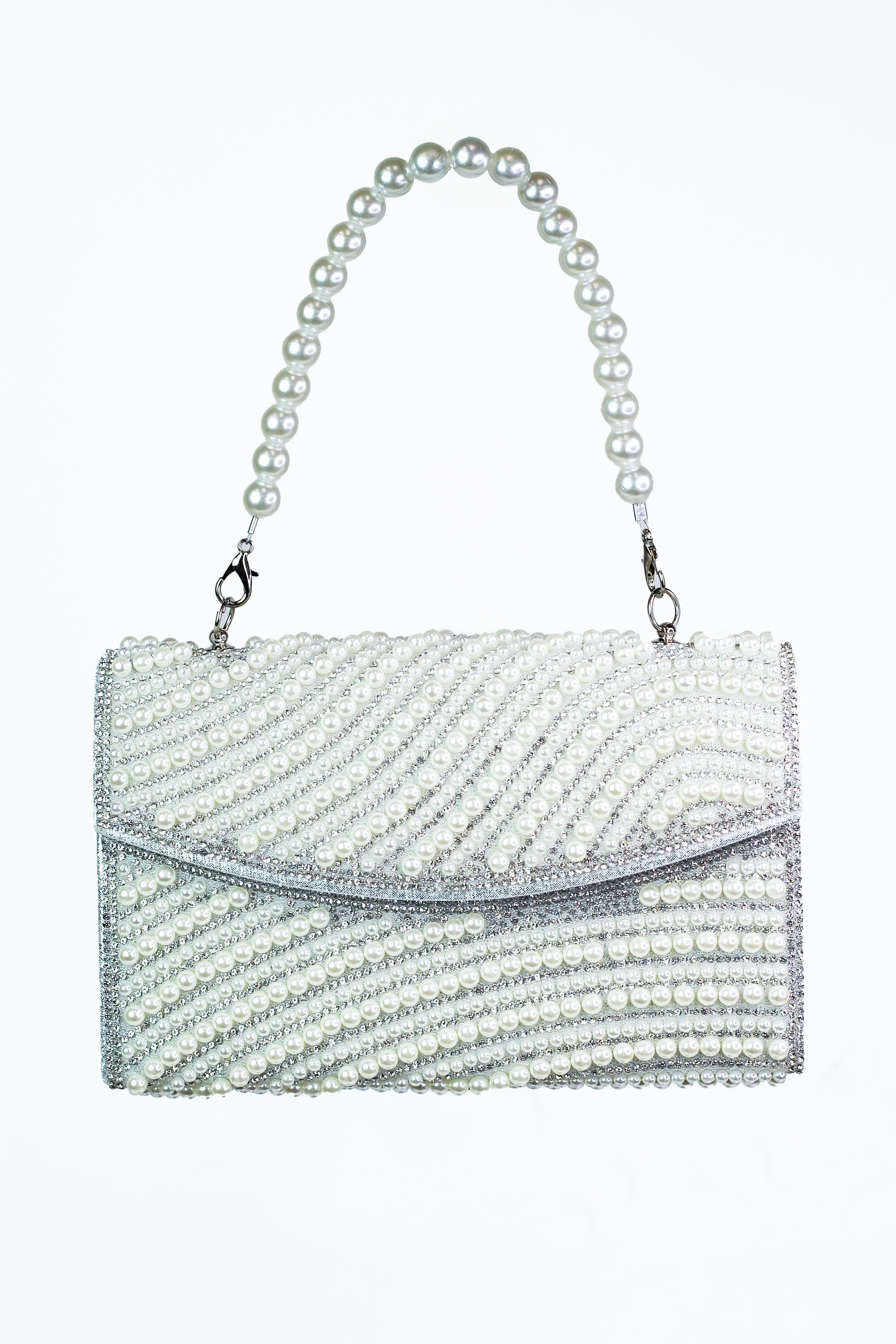 Wavy Design Rhinestone & Pearl Envelope Clutch