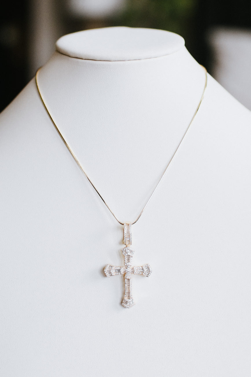 3D Baguette & Pave Accent Cross Necklace