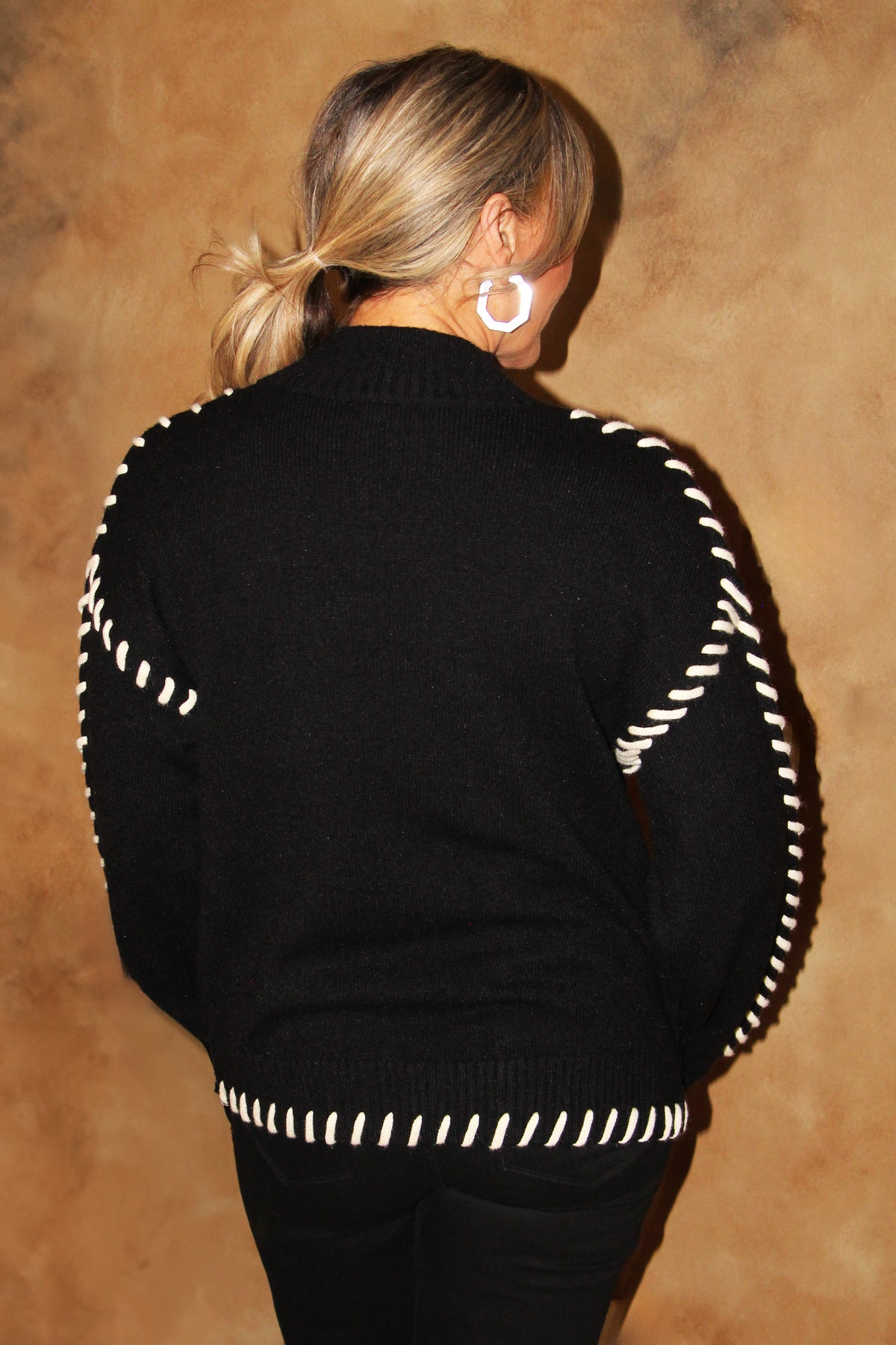 Mock Neck Sweater w/ Whipstitch Accents