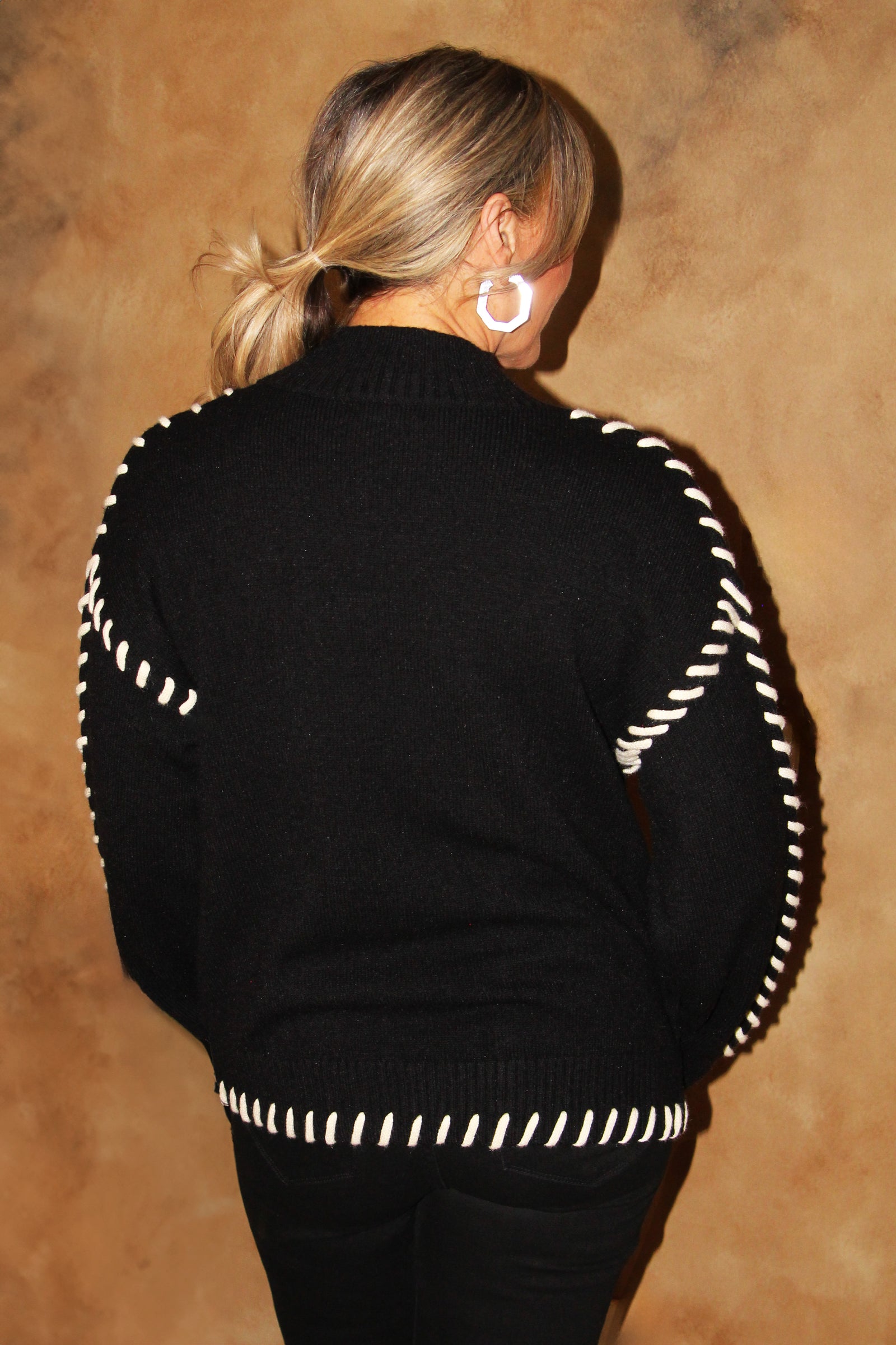 Mock Neck Sweater w/ Whipstitch Accents