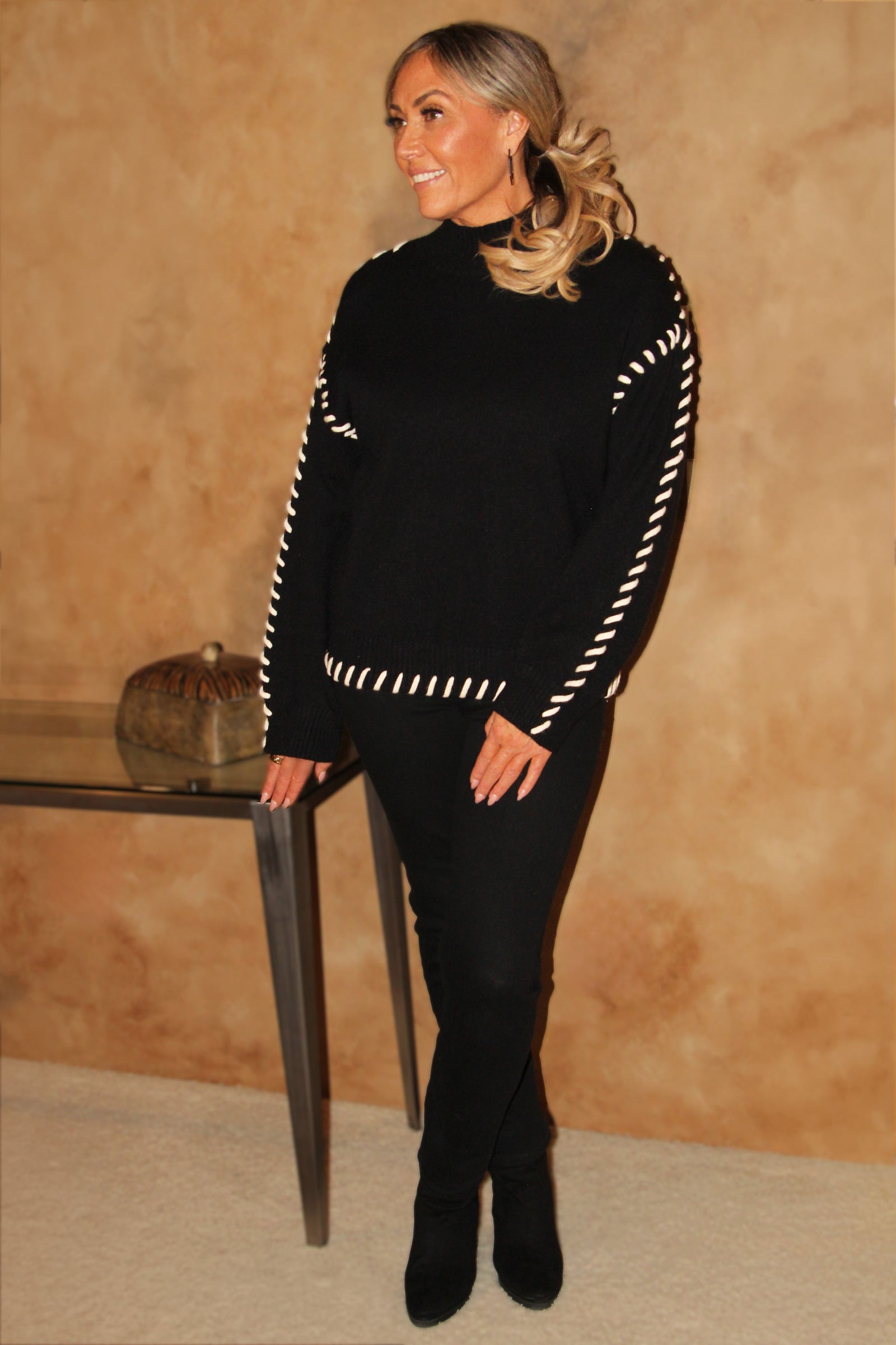 Mock Neck Sweater w/ Whipstitch Accents