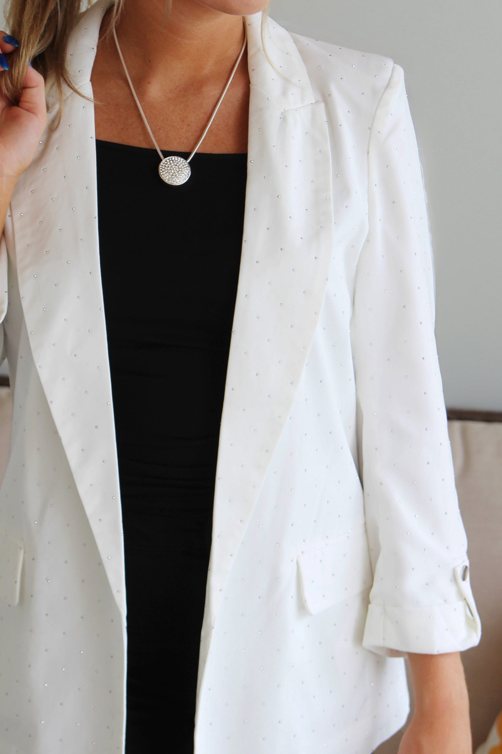 All Over Rhinestone Open Blazer w/ Button Tab Cuffs