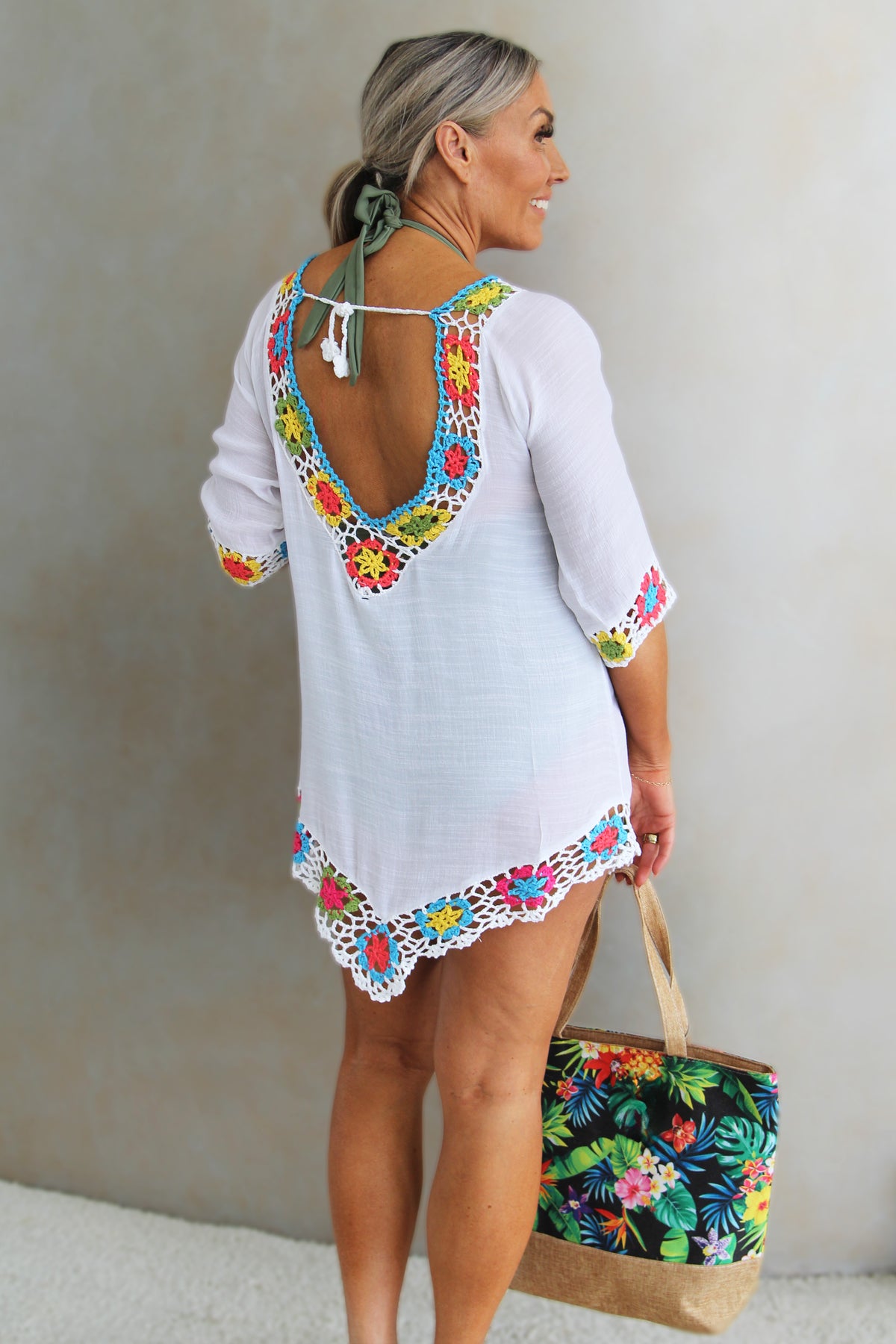 Linen & Crochet Bathing Suit Cover Up w/ Tie Back