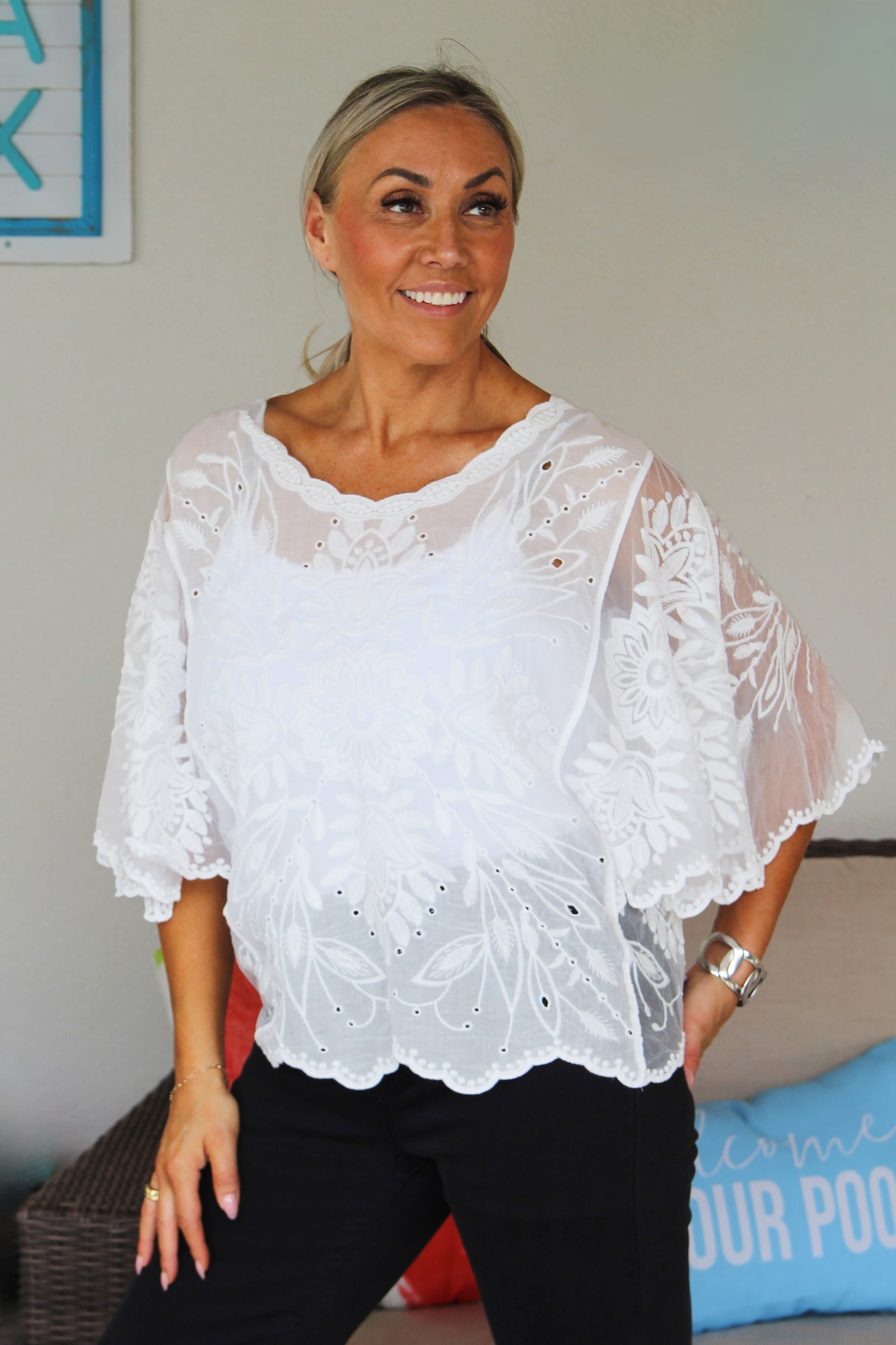 Semi Sheer Embroidered Top w/ Flounce Sleeves