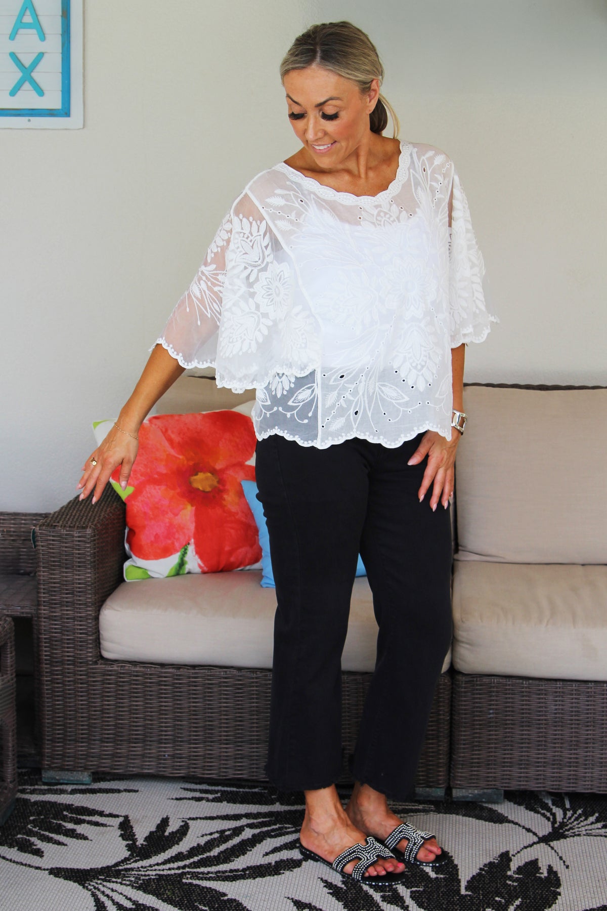 Semi Sheer Embroidered Top w/ Flounce Sleeves