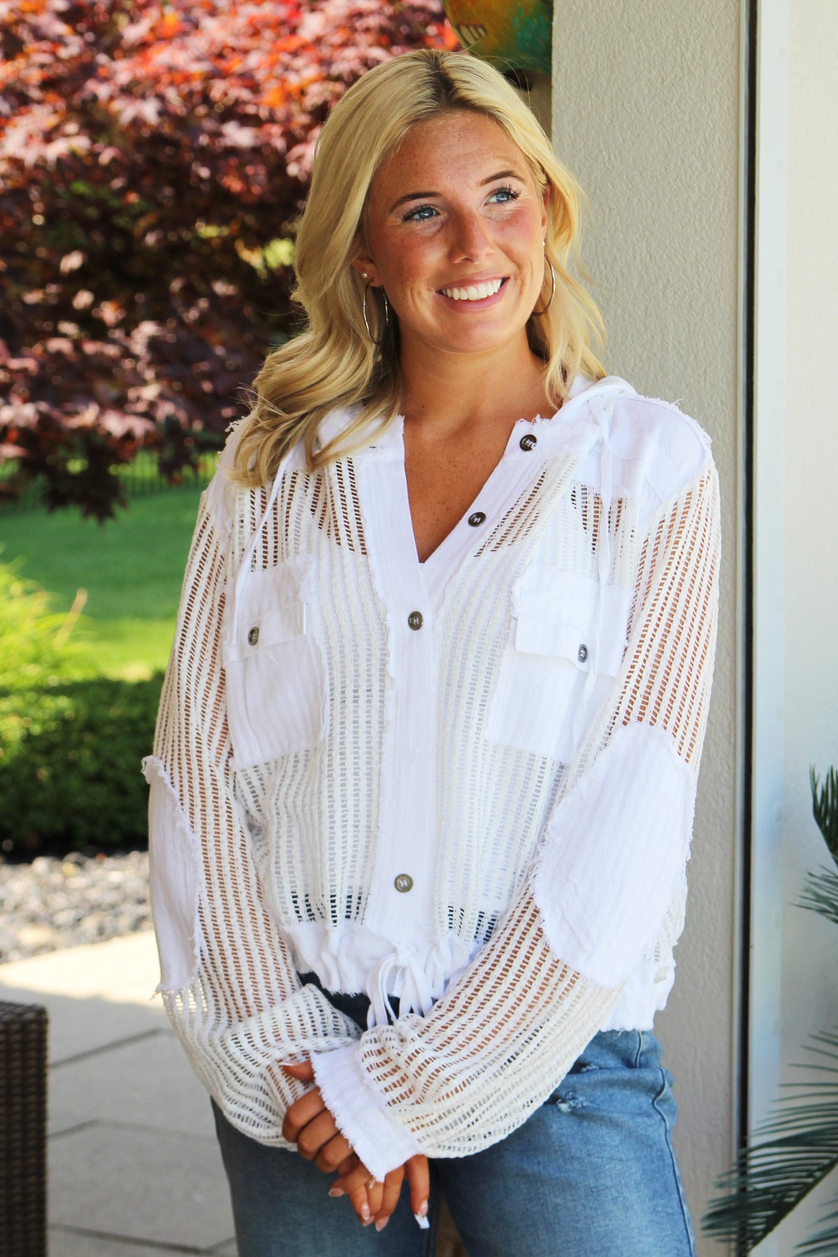 Hooded See Through Button Down Top