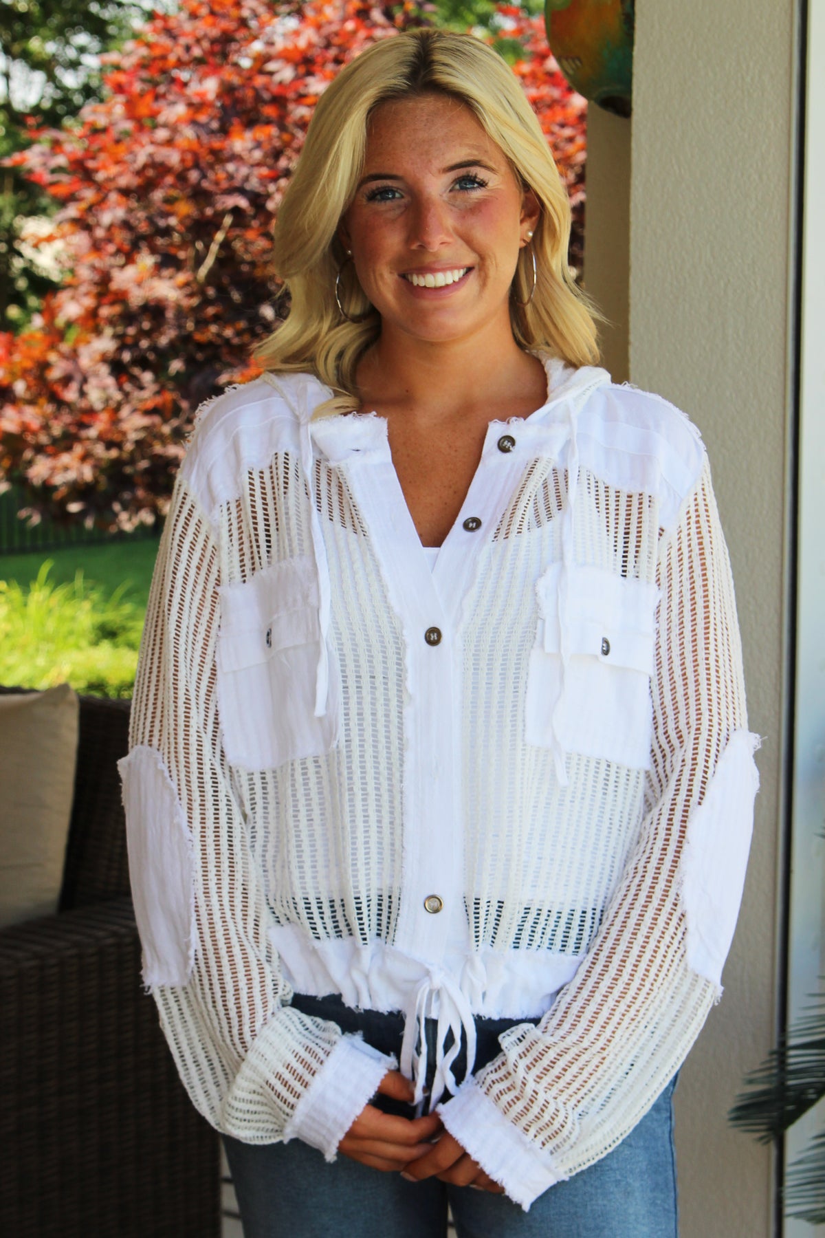 Hooded See Through Button Down Top