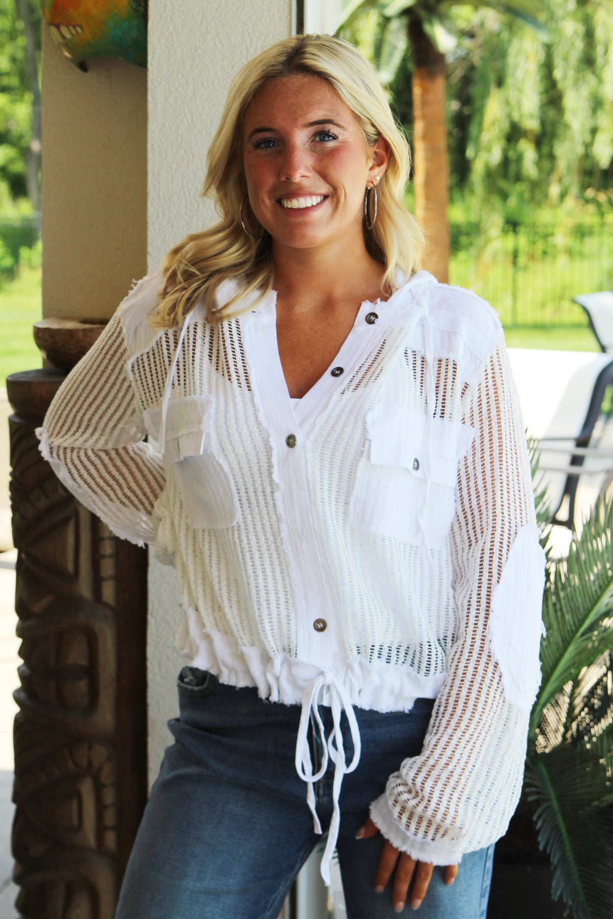 Hooded See Through Button Down Top