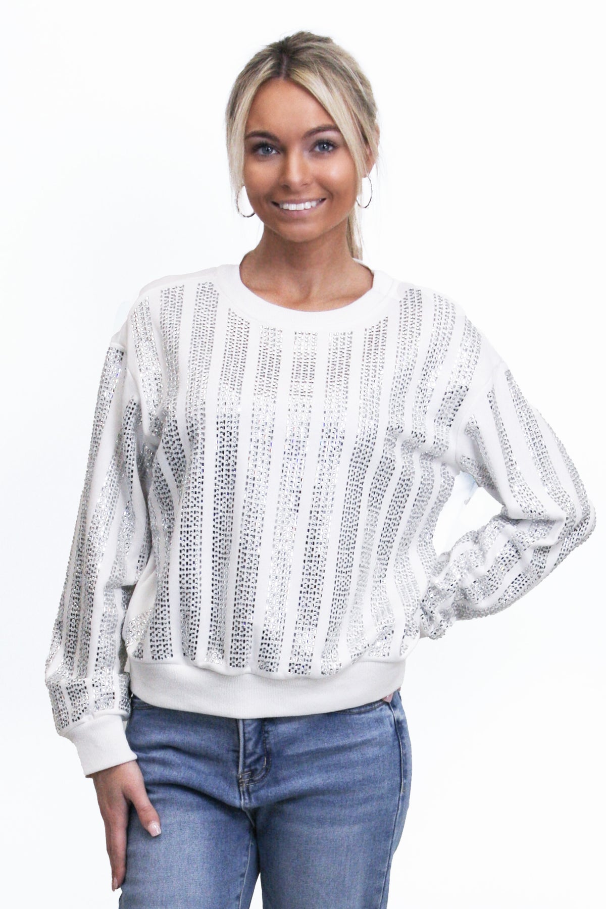 Rhinestone Stripe Round Neck Sweater