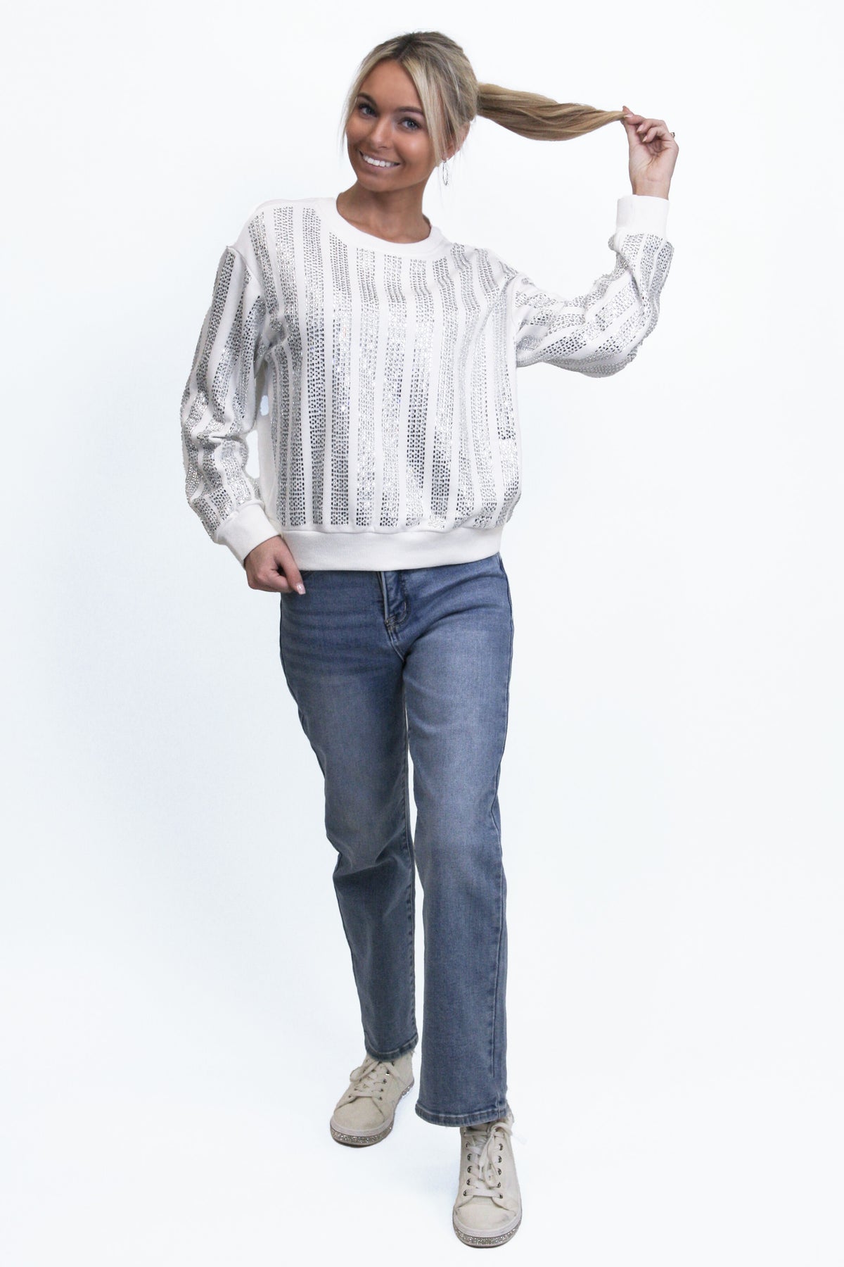 Rhinestone Stripe Round Neck Sweater