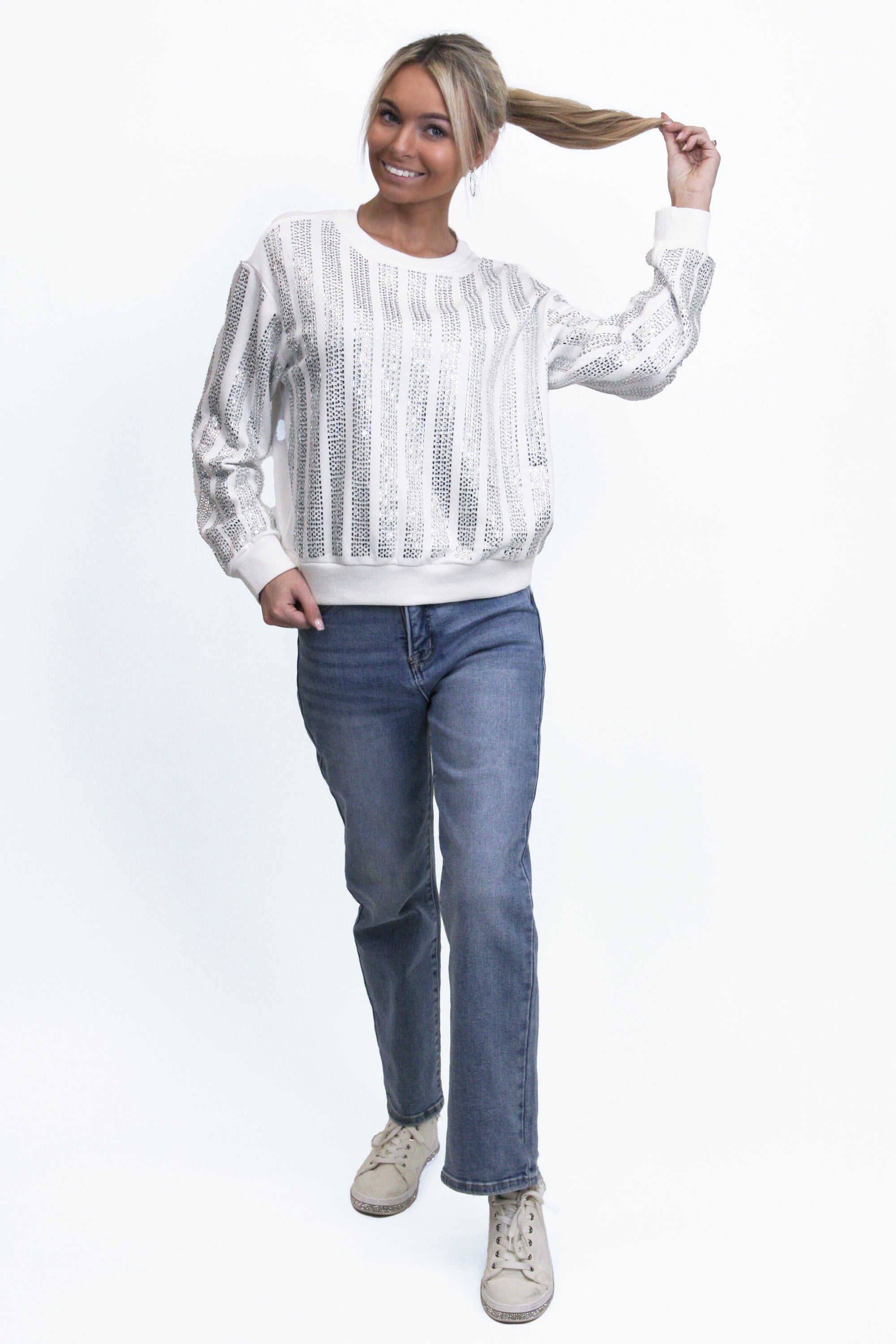 Rhinestone Stripe Round Neck Sweater