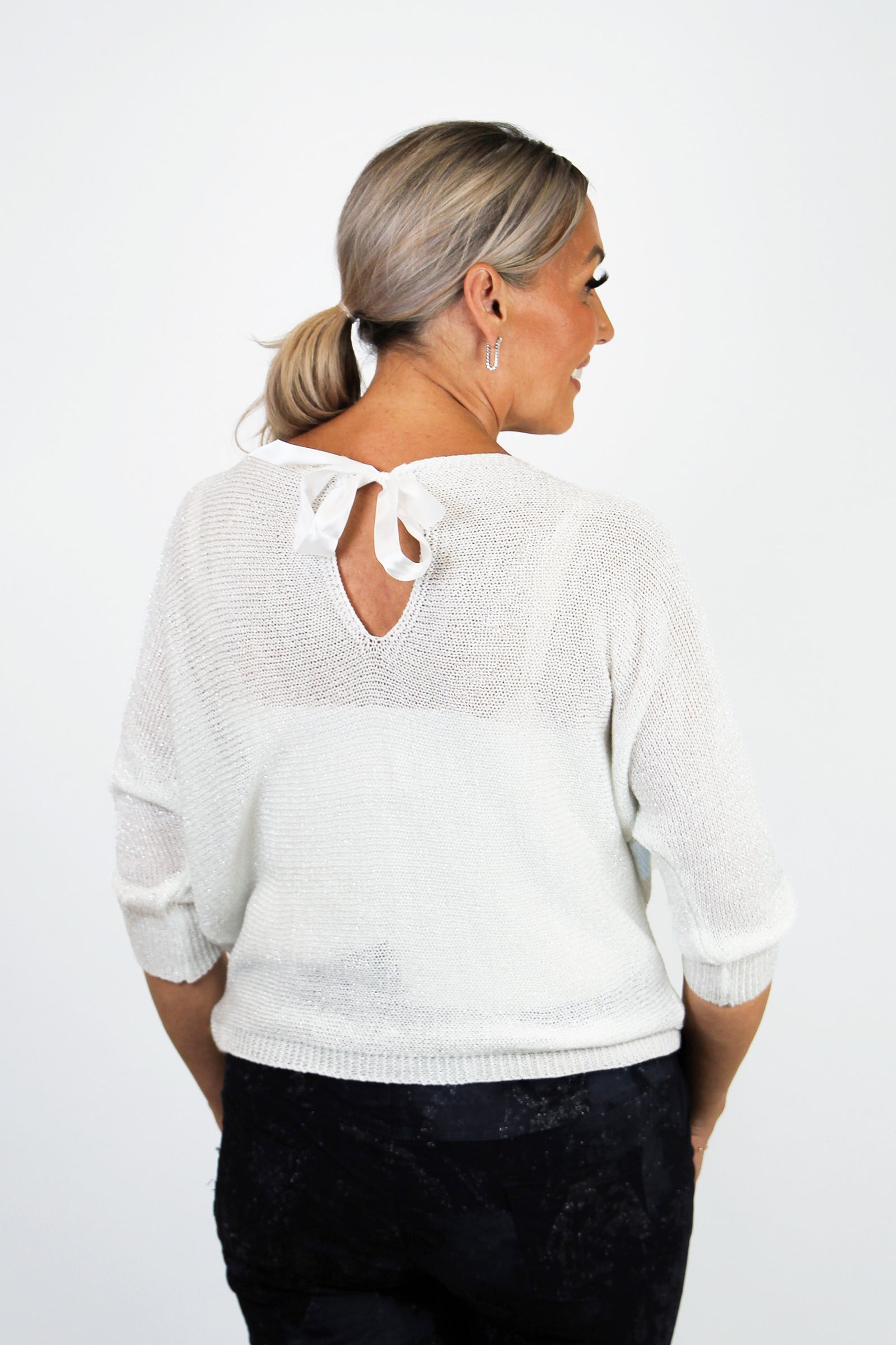 Metallic Knit Sweater w/ Back Bow Detail