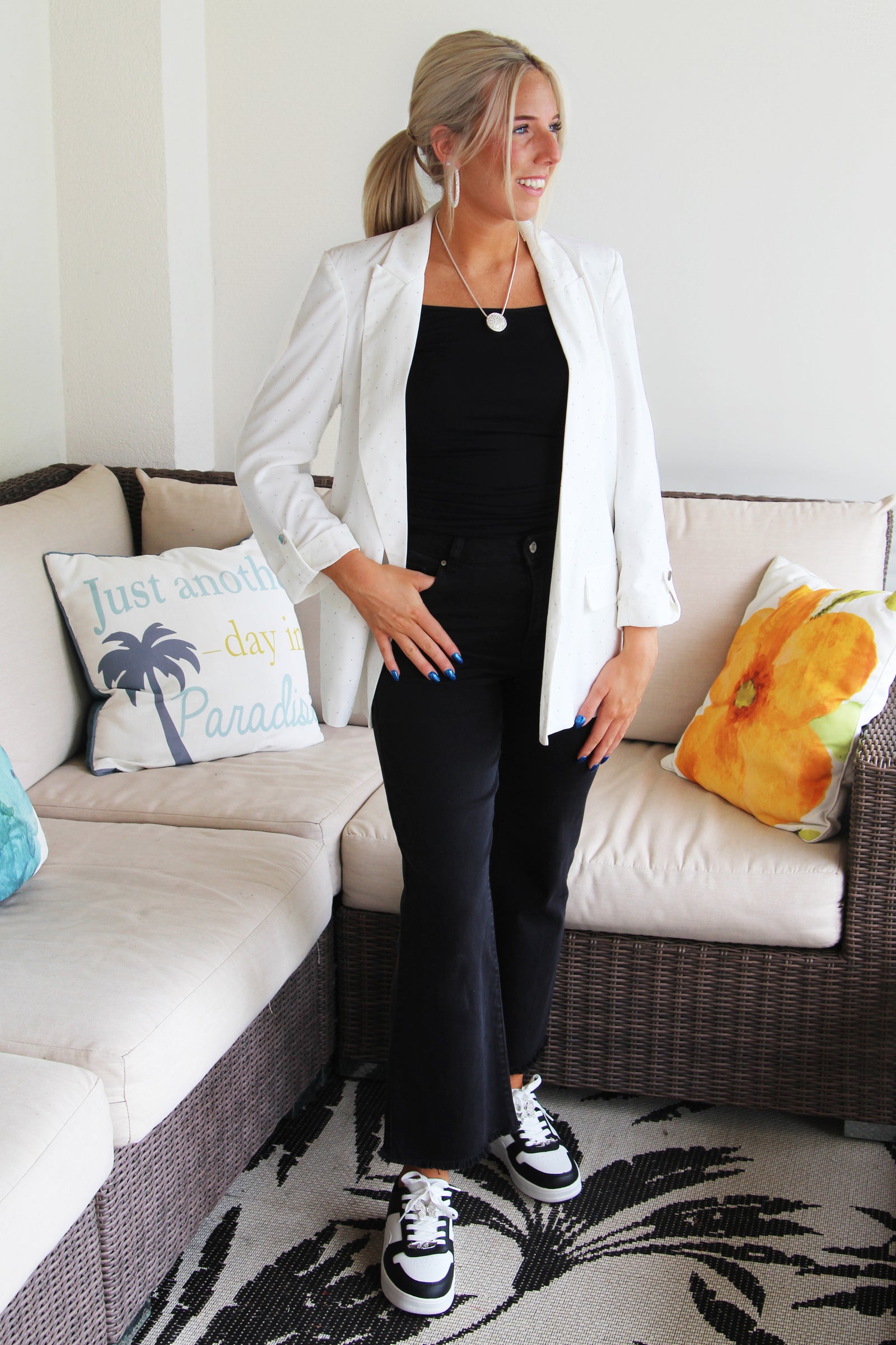 All Over Rhinestone Open Blazer w/ Button Tab Cuffs