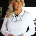 Sweater w/ Teardrop Rhinestone & Velvet Bow Trim