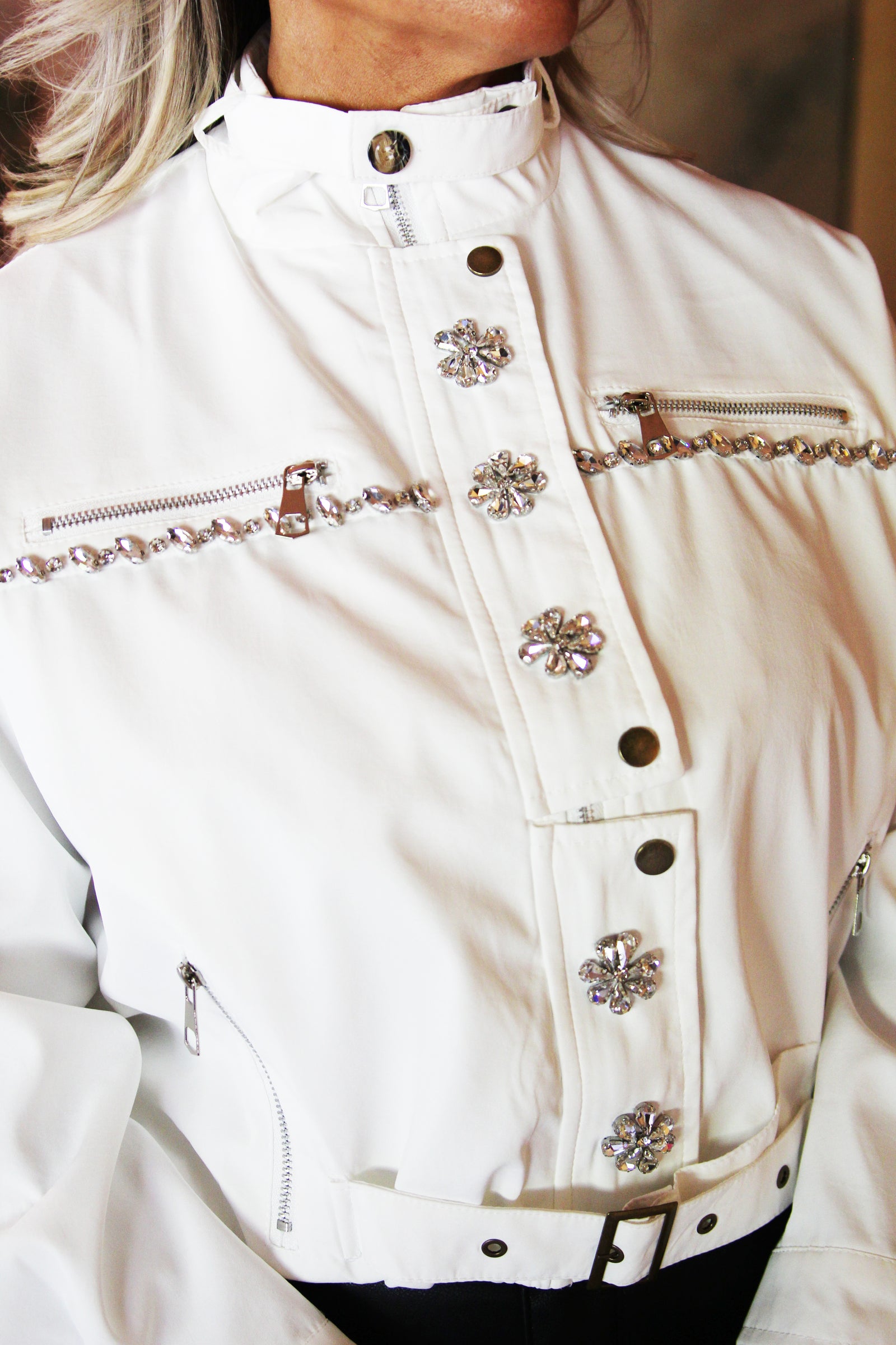 Cropped Jacket w/ Rhinestones  &  Zippers